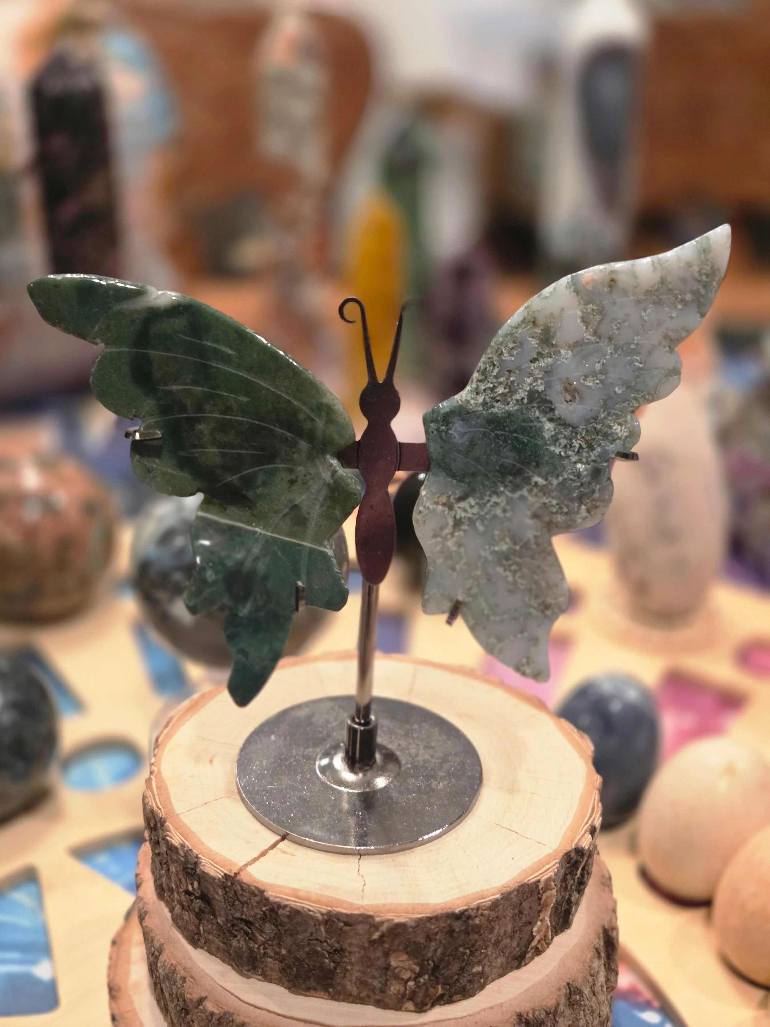 Ocean Jasper & Moss Agate Crystal Butterfly Wings – Carved Stone Butterfly Display on Metal Stand – Transformation Crystal Decor