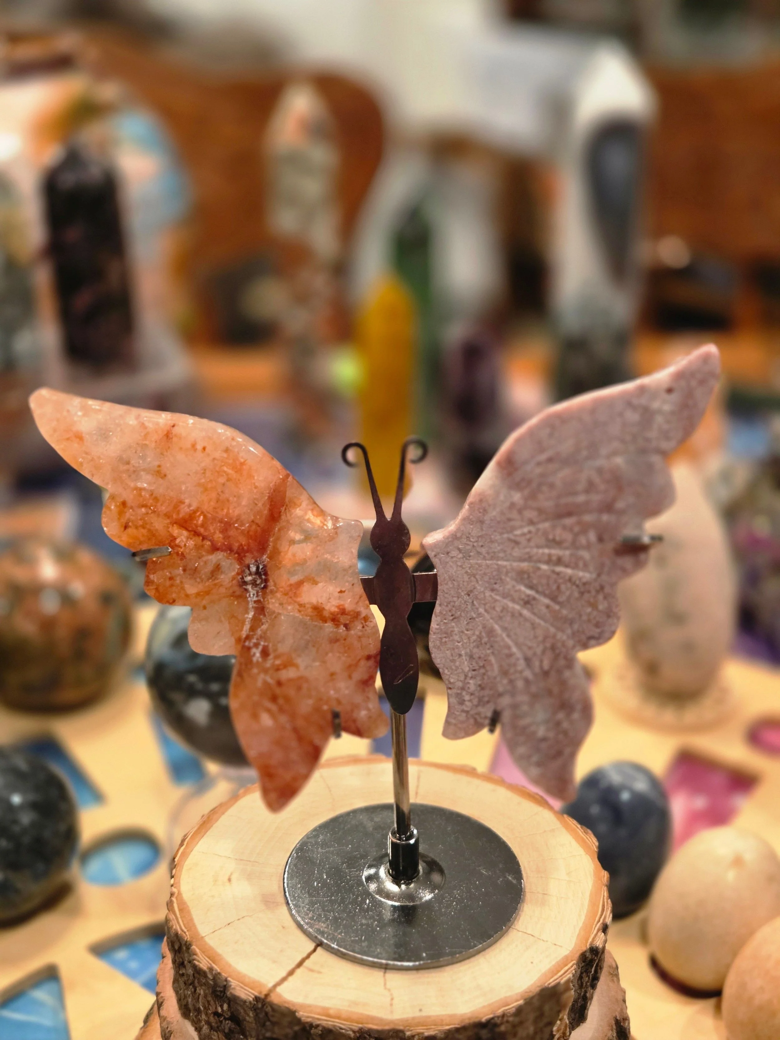 Alchemy Butterfly Wings | Fire Quartz & Pink Agate Crystal Pair | Removable Crystal Display | Transformation Altar Decor | One of a Kind
