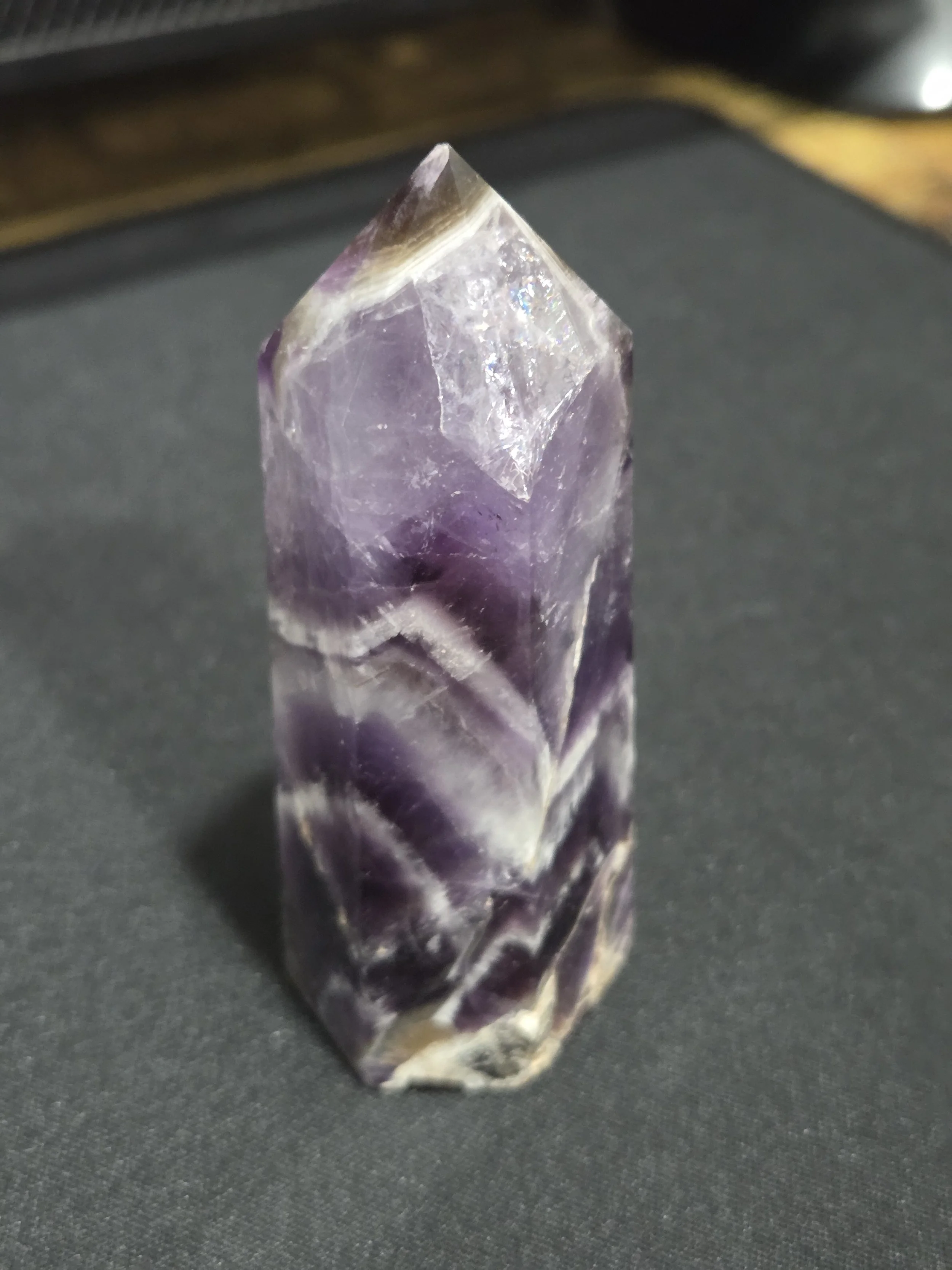 Dream Chevron Amethyst Tower DEW Flare | Hand-Polished Natural Gemstone | Third Eye & Crown Chakra Activation, Intuitive Clarity & Dream Work | Divine Exchange Within