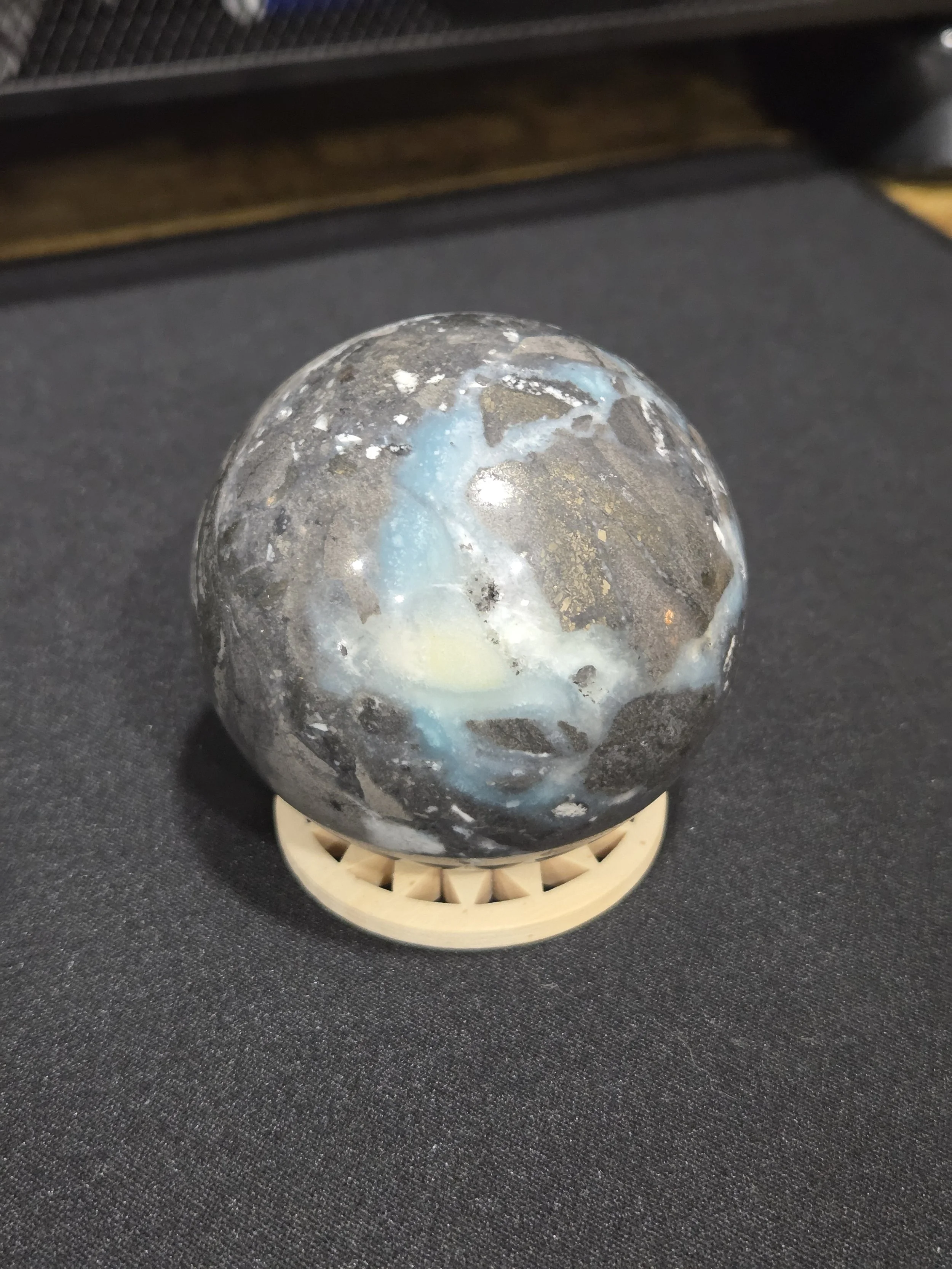 Caribbean Calcite with Pyrite DEW Flare Sphere | Polished Crystal Ball | Throat/Third Eye Calm Clarity, Abundance & Protective Serenity | Divine Exchange Within