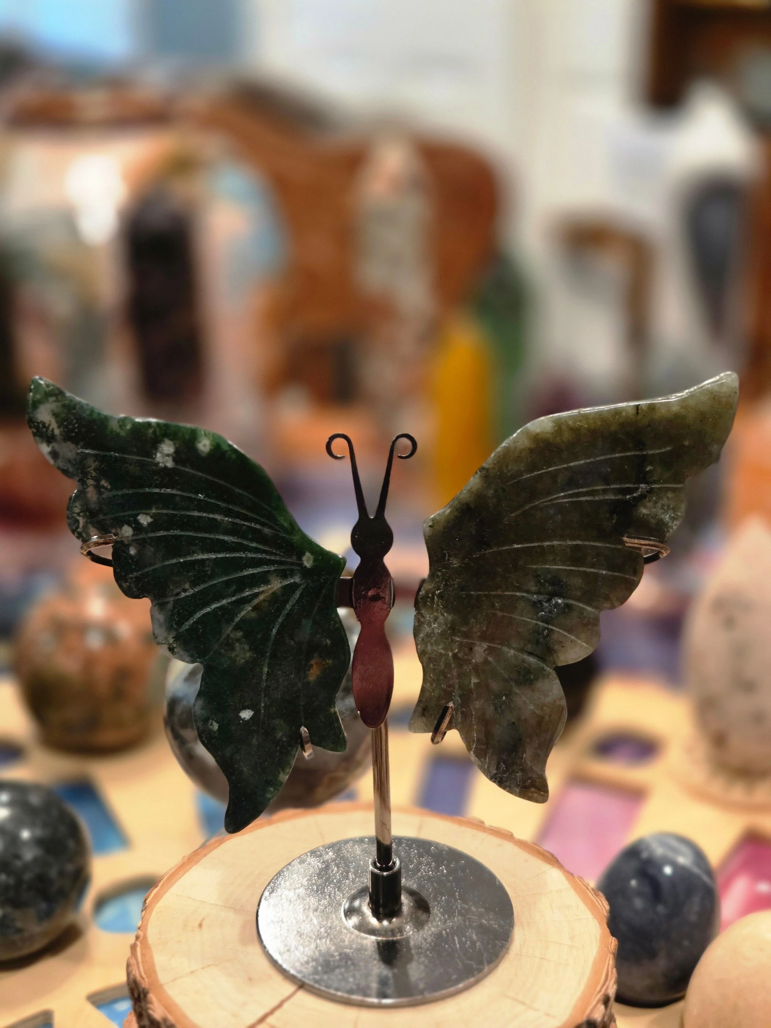 Moss Agate & Labradorite Crystal Butterfly Wings – Carved Stone Butterfly Display on Metal Stand – Transformation Crystal Decor