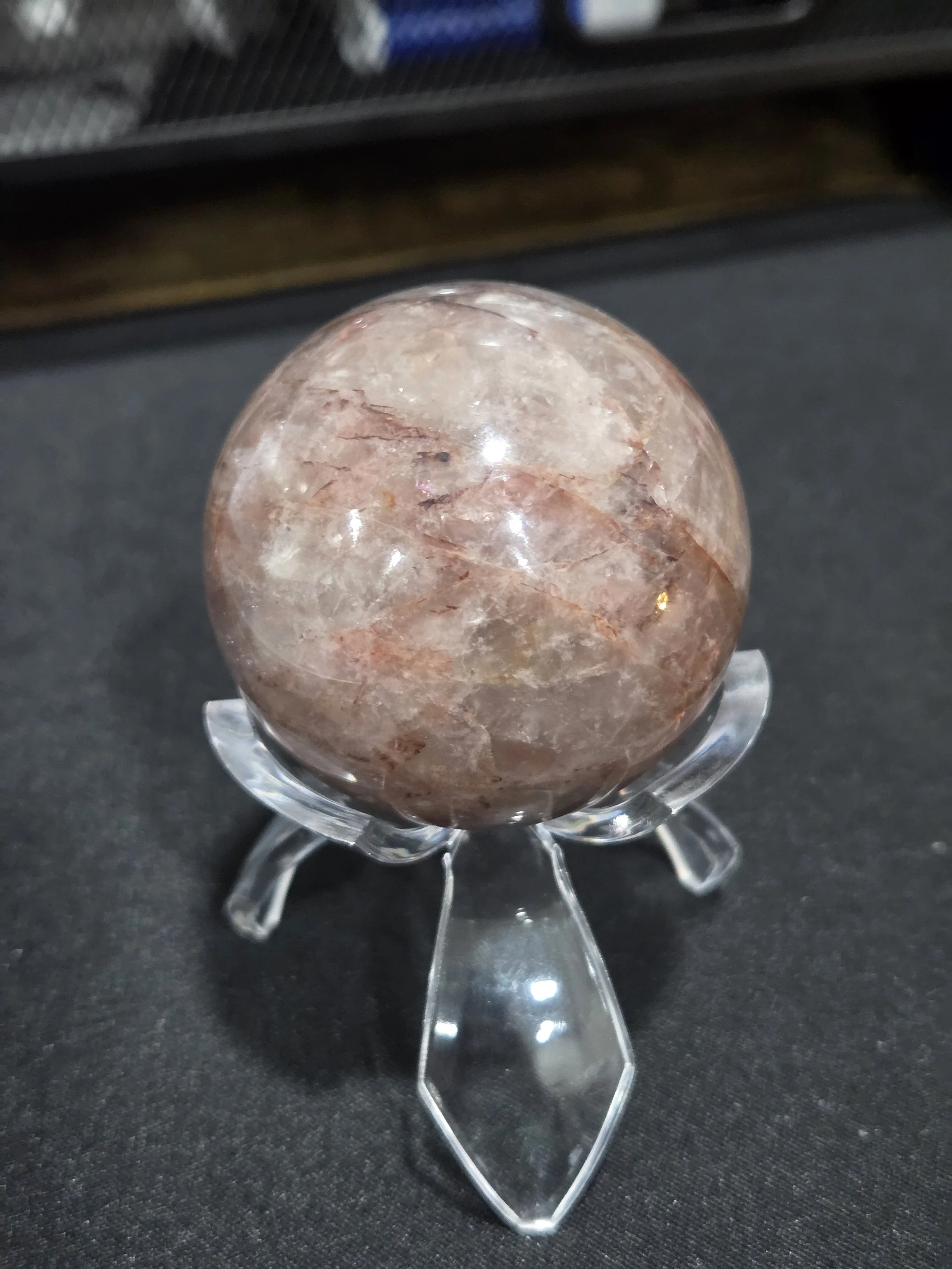 Fire Quartz with Smoky Quartz Inclusions DEW Flare Sphere | Polished Crystal Ball | Root & Sacral Chakra Vitality, Grounding Passion & Emotional Transmutation | Divine Exchange Within