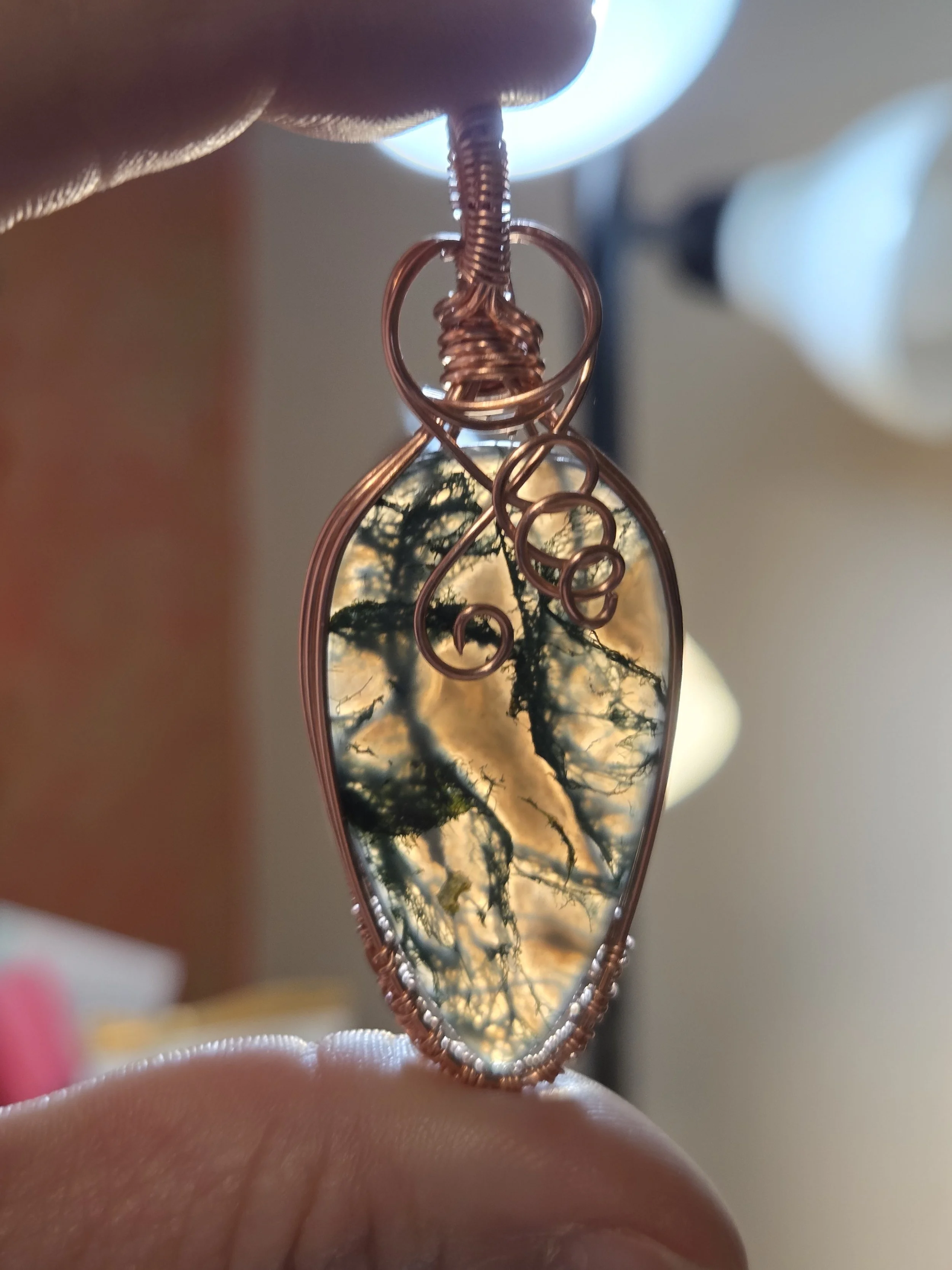 Moss Agate Pendant DEW Flare | Hand-Wrapped in Copper | Heart & Root Chakra Nurturing, Growth & Grounded Connection | Divine Exchange Within