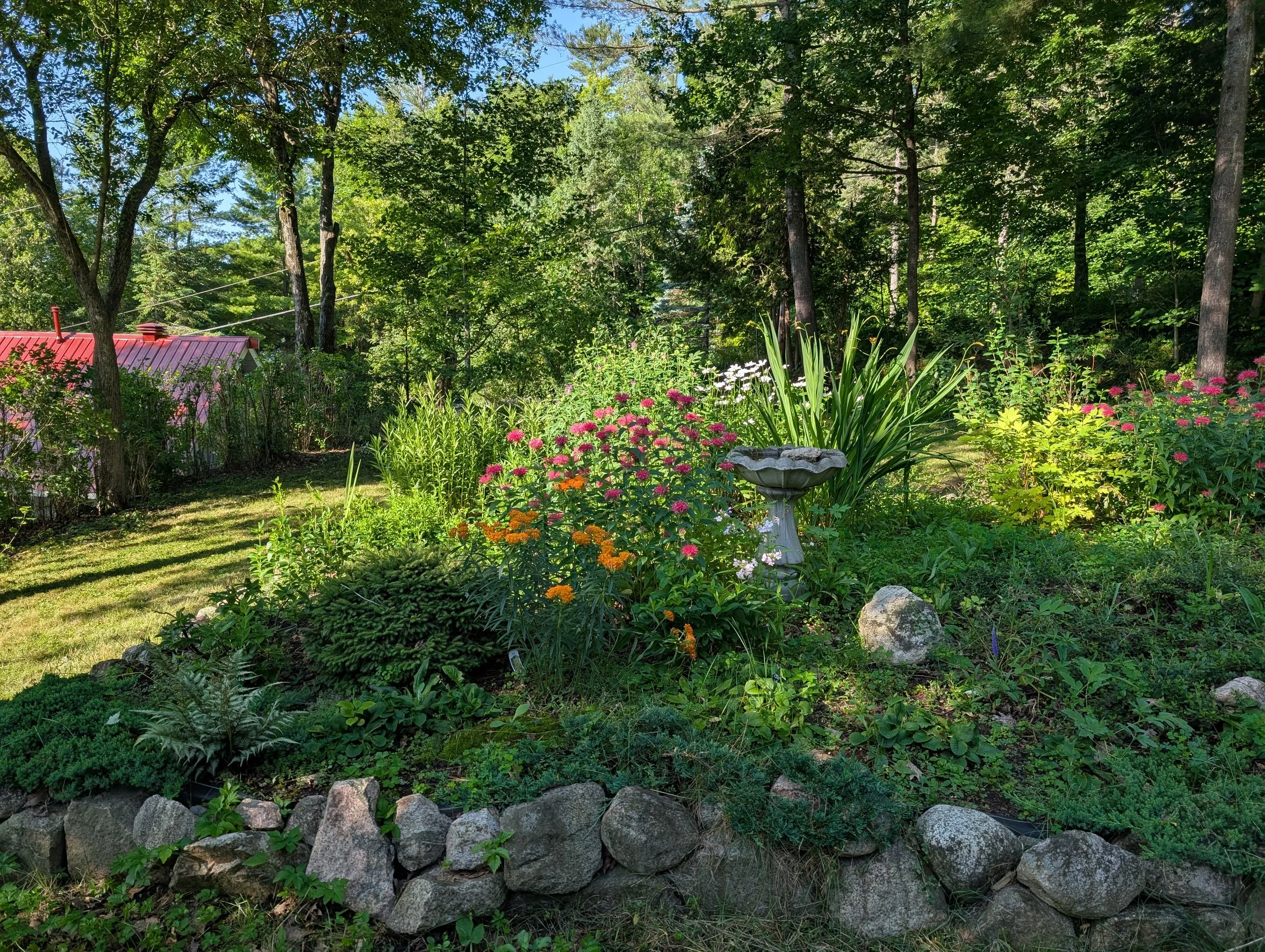 A lush garden with a variety of colorful flowers, green plants, and trees. A decorative birdbath is centered among the flowers, with a stone border at the front. In the background, a red-roofed shed and tall trees are visible under sunlight filtering