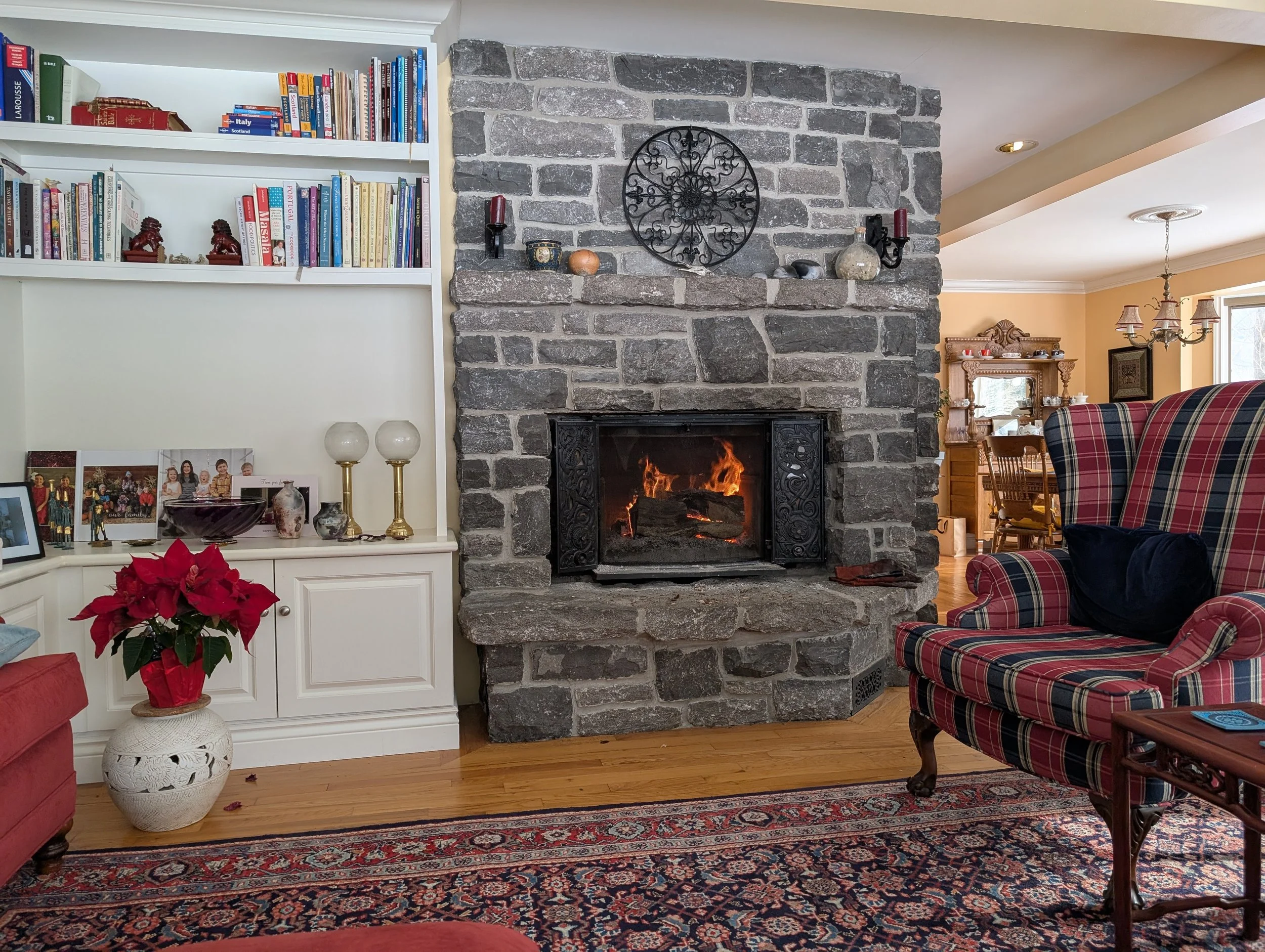 Living room with a large stone fireplace burning with fire, surrounded by a plaid armchair, a white bookshelf with books and decorative items, and a red poinsettia plant, hardwood floors, and a patterned rug.