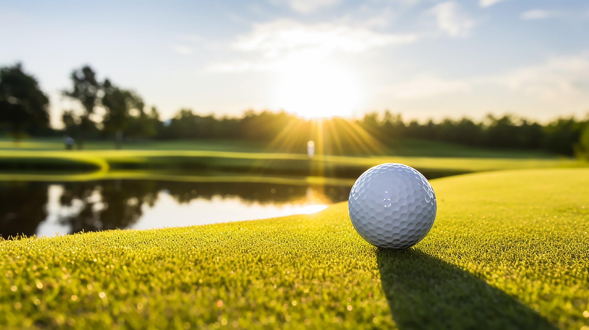 A golf ball on the green grass of a golf course with a water hazard and trees in the background, during sunset.
