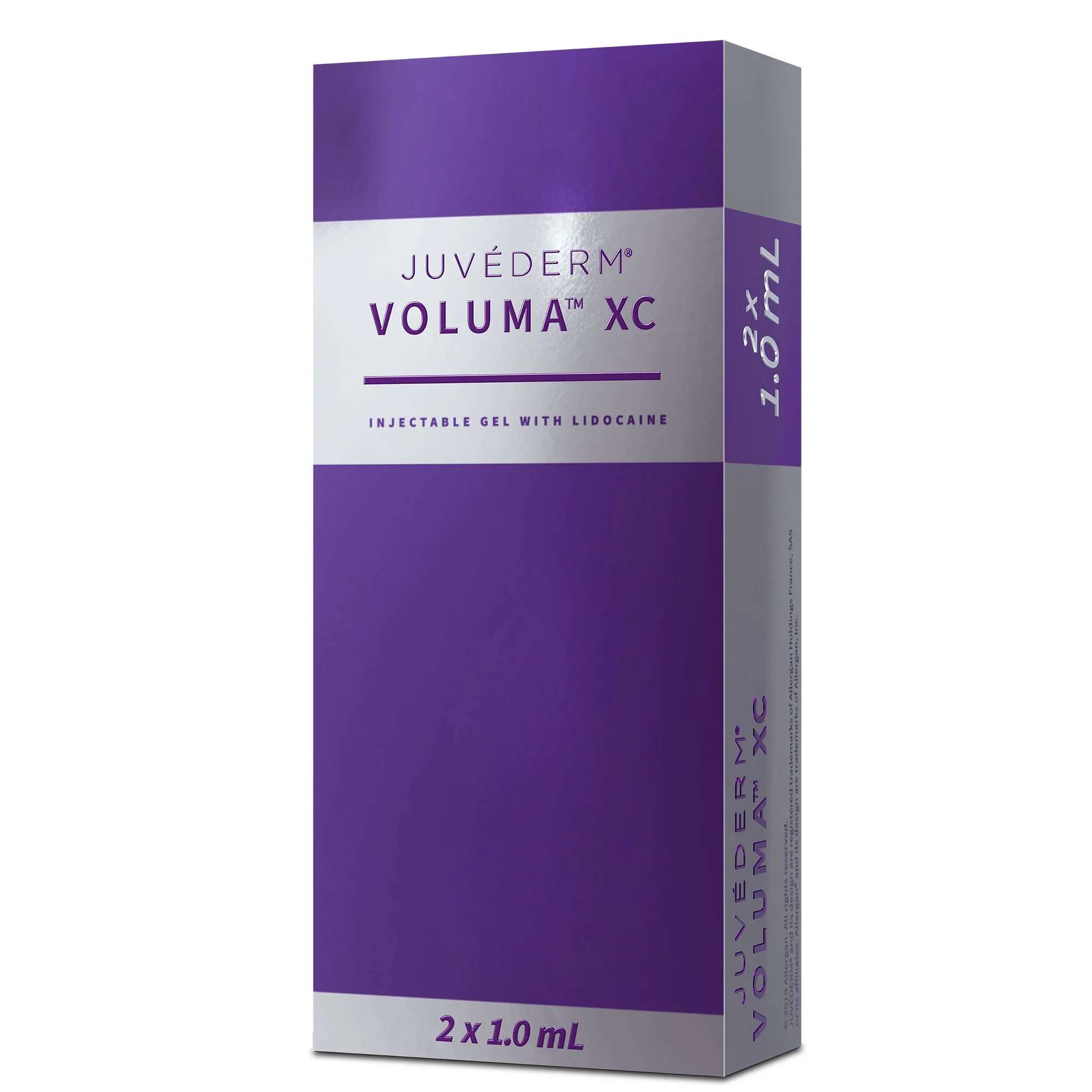 Box of Juvederm Voluma XC injectable gel with lidocaine, 2 vials of 1 mL each