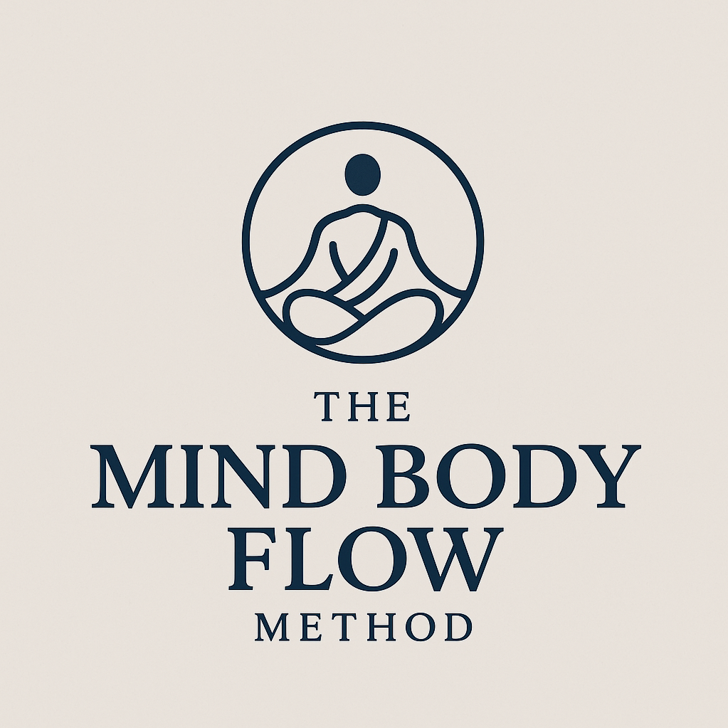 Logo for The Mind Body Flow Method, featuring a line drawing of a person sitting in a meditative pose inside a circle, with text below reading 'The Mind Body Flow Method'.