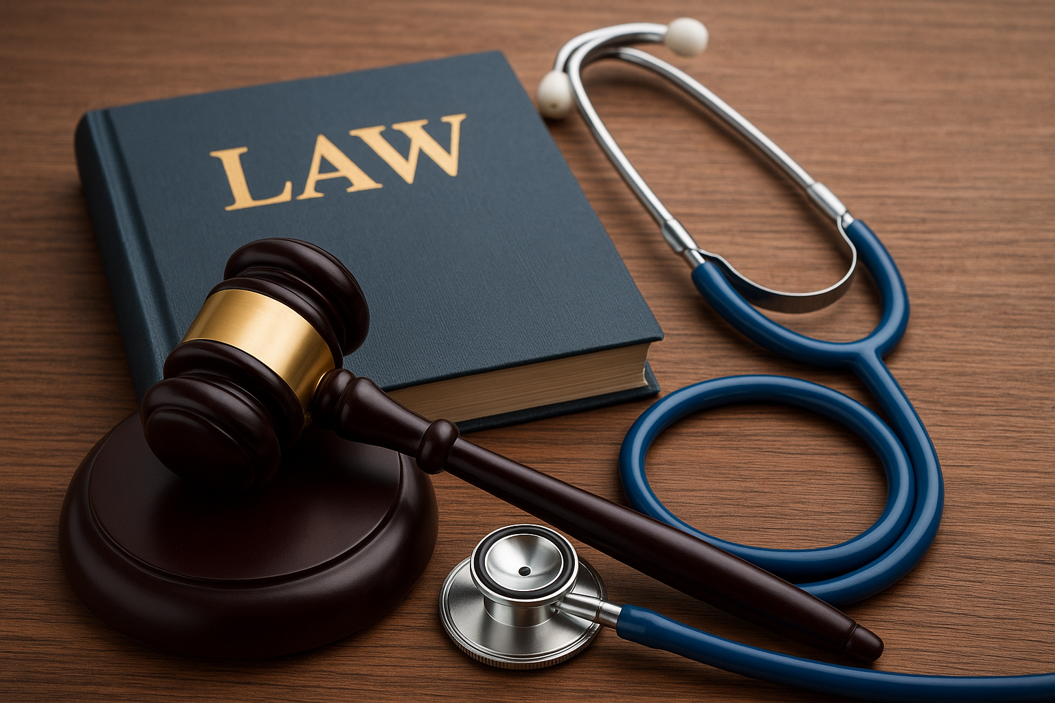 A wooden desk with a law book, a gavel, a stethoscope, and a judge's gavel.