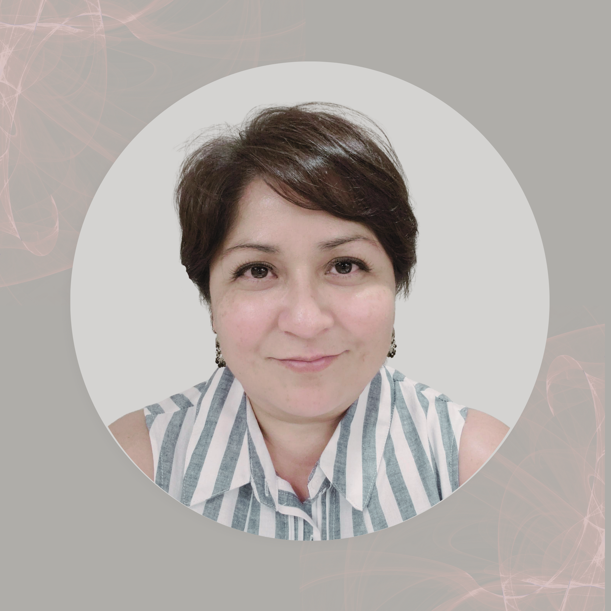 A woman with short dark hair and earrings, smiling, wearing a sleeveless striped shirt.