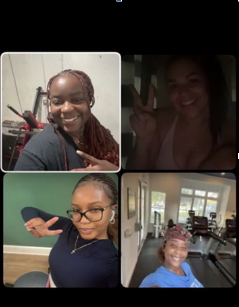 A collage of four women smiling and making peace signs in different indoor settings.