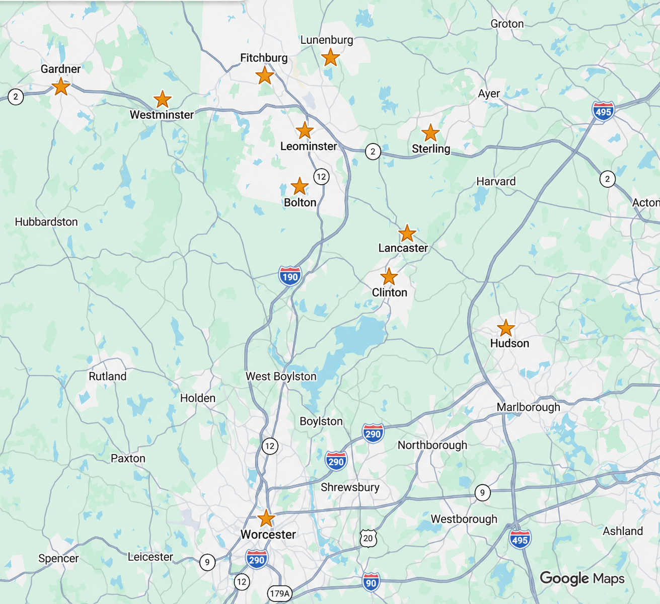 Map of Massachusetts showing various cities and towns, with orange stars indicating specific locations. Cities include Gardner, Fitchburg, Lunenburg, Leominster, Bolton, Lancaster, Clinton, Hudson, Worcester, West Boylston, Boylston, and others. Major highways such as I-190, I-290, and I-495 are visible.