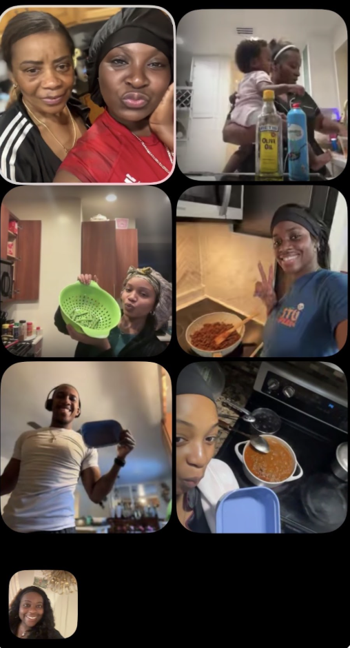 A collage of seven photos featuring people cooking and enjoying time in the kitchen. The images include women preparing food, holding dishes, and interacting with children in a home setting.