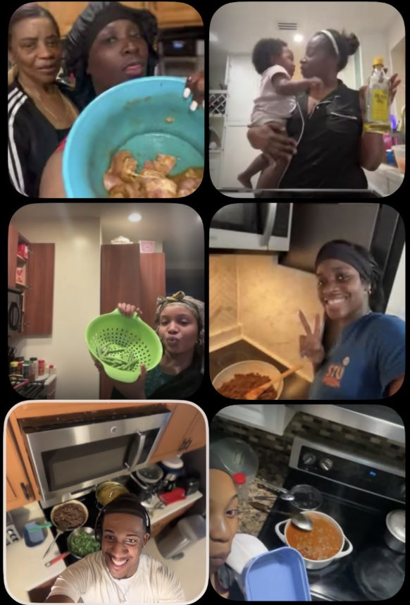 Six images of people cooking and eating. The first shows two women in a kitchen, one holding a blue bowl with chicken pieces. The second shows a woman holding a young child in a kitchen. The third shows a girl holding a green colander in a kitchen. The fourth shows a girl smiling and making a peace sign while cooking. The fifth shows a man smiling in a kitchen, with an oven and various kitchen items. The sixth shows a woman cooking with a pot on the stove.