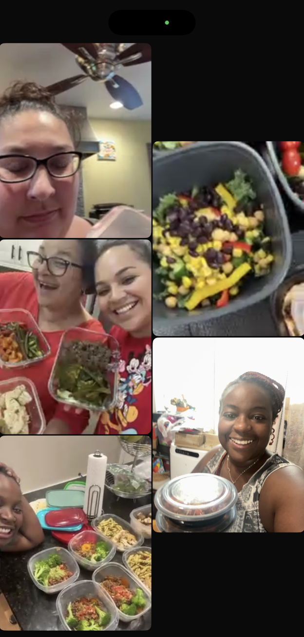 Multiple women celebrating with prepared food and salads in containers, smiling indoors, with a ceiling fan visible in one image.