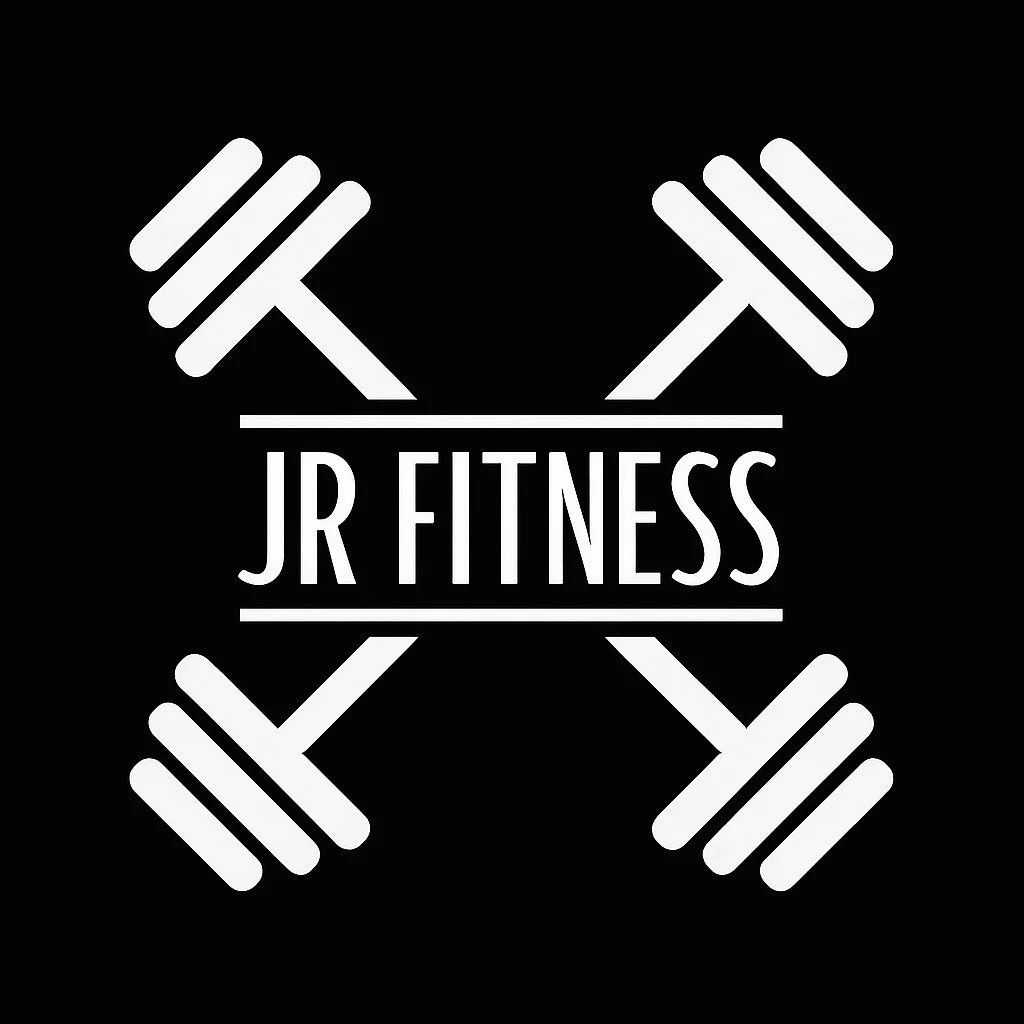 Logo with four dumbbells and the text 'JR FITNESS' in the center on a black background.