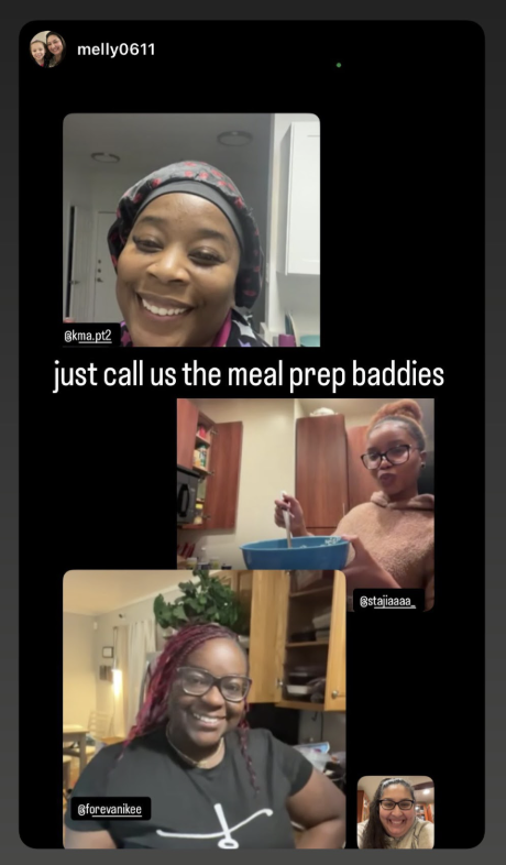 A screenshot of a video call with three women, smiling and enjoying meal prep. The top woman has dark skin, wearing a headscarf and is tagged @kma.pt2. The middle woman has light skin, glasses, a pink hoodie, and is tagged @staa_laaaa. The bottom woman has dark skin, glasses, red hair, wearing a black shirt, and is tagged @forevankee. The caption reads, 'just call us the meal prep baddies.'