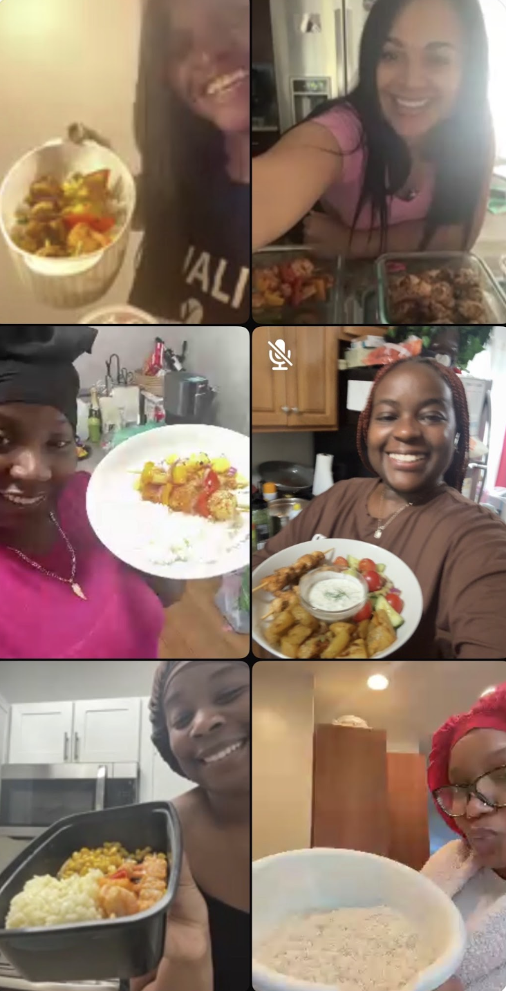 Six women are shown in different kitchen or dining settings, each holding or presenting plates of food, smiling at the camera.
