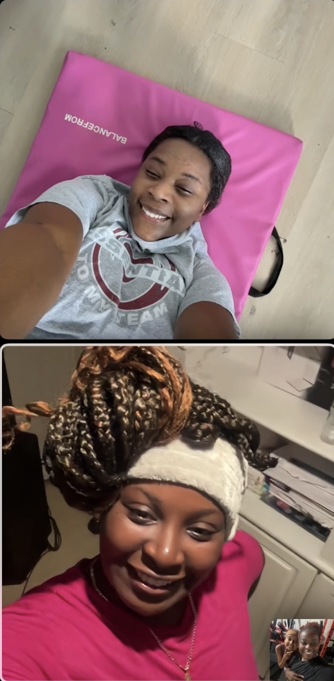 Snapshots of two women in different settings. The woman in the top image is lying on a pink mat, smiling, wearing a gray T-shirt. The woman in the middle image has large braided hair styled in an updo, wearing a white headband and pink top, smiling, with a desk and shelves in the background. A smaller inset image at the bottom right shows two women smiling and hugging.