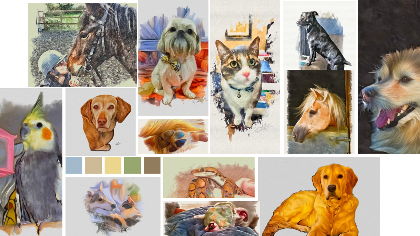 A collage of digital art portraits of various animals and pets, including dogs, cats, a bird, a snake, and a horse, with watercolor and sketch styles.