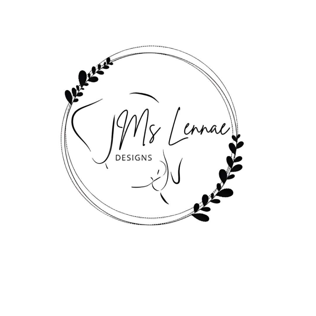 Black circular logo with the text 'Mrs. Lamac Designs' inside, decorated with a leafy wreath surrounding the circle.
