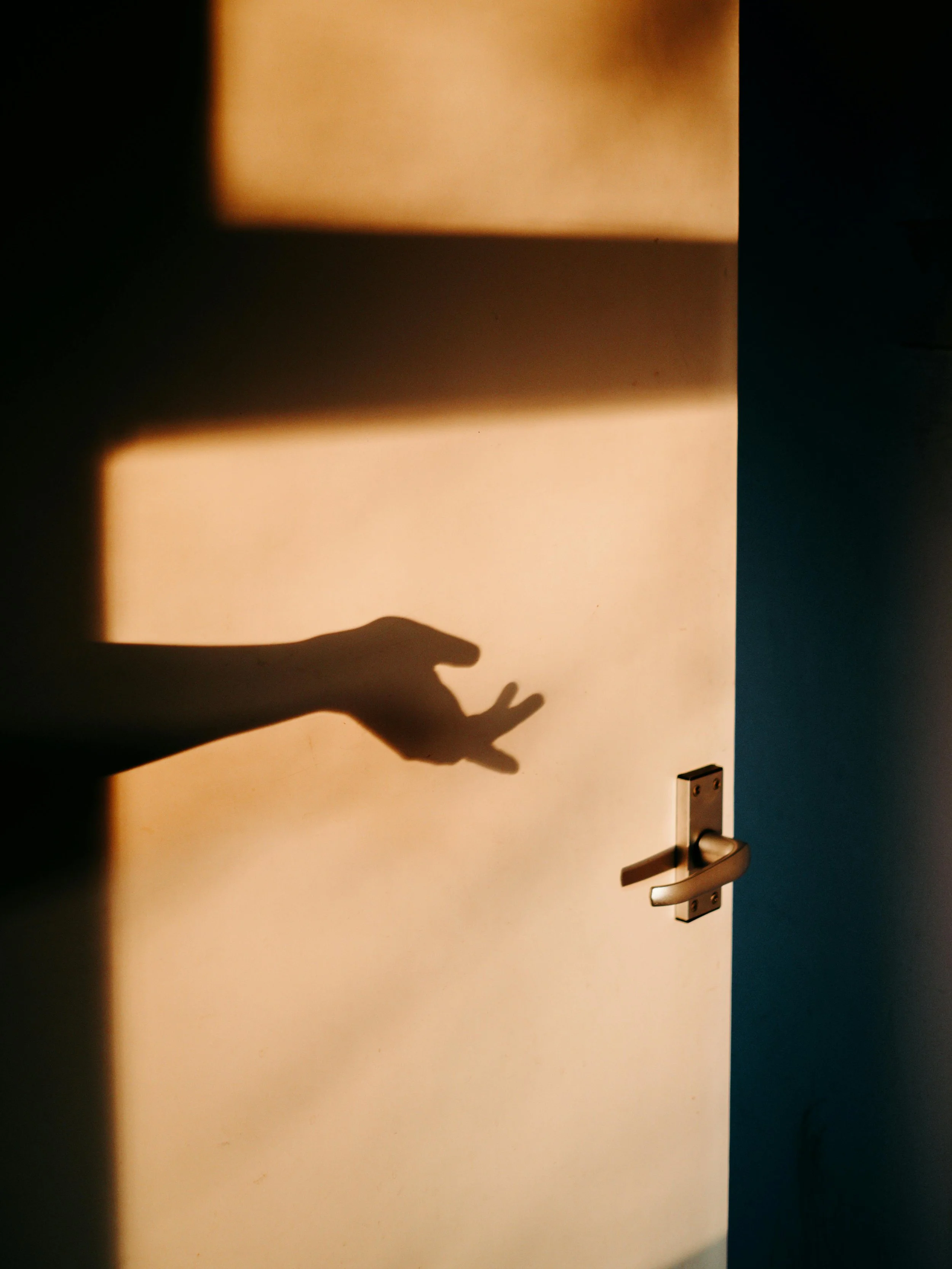 Shadow of a hand with fingers extended, pointing the way, on a sunlit door.