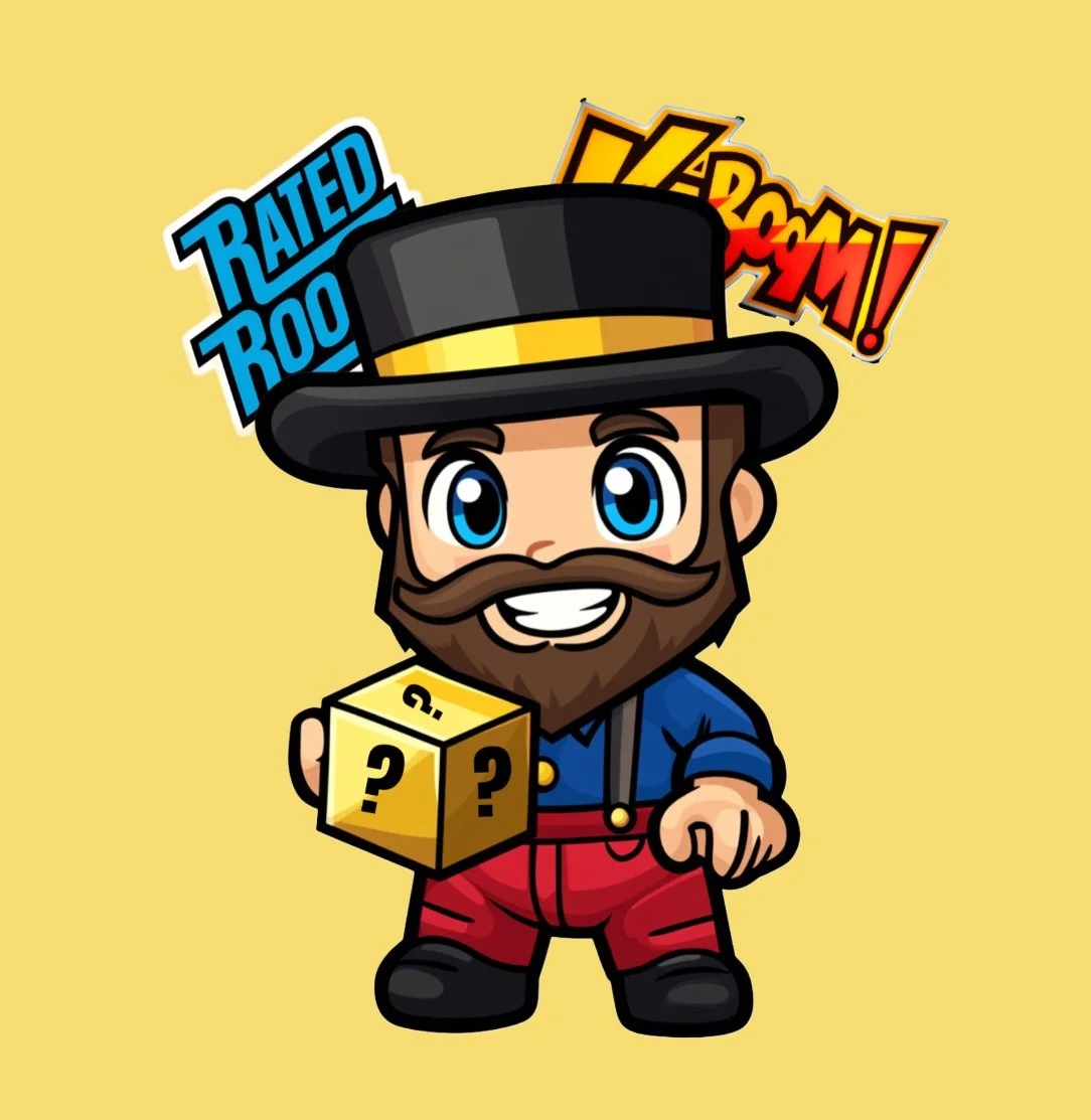 Cartoon character with a beard and top hat holding a yellow mystery box with question marks. Background has comic-style words "Rated Roo" and "Kaboom!" on a yellow backdrop.