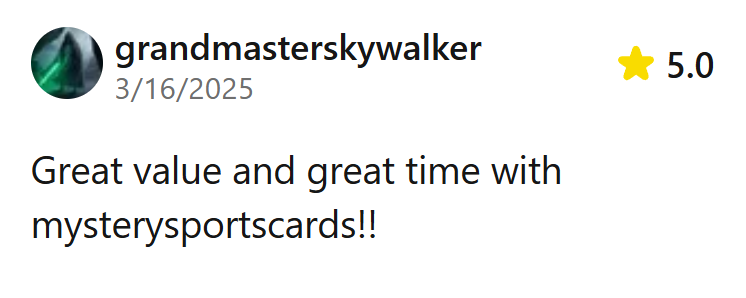Customer review by user "grandmasterskywalker" dated March 16, 2025, rating mysterysportscards five stars, with comment praising value and enjoyment.