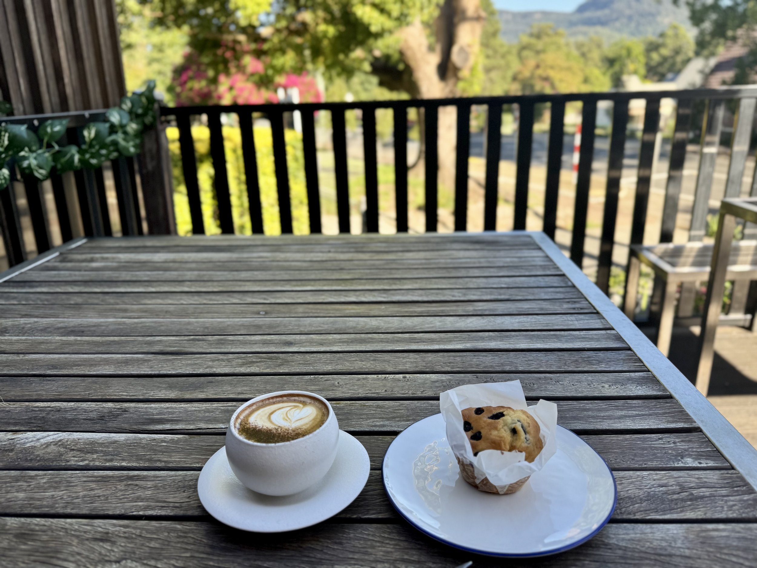 A wooden outdoor table with a white cup of cappuccino with latte art and a muffin on a white plate, set on a patio with a background of trees and a street.