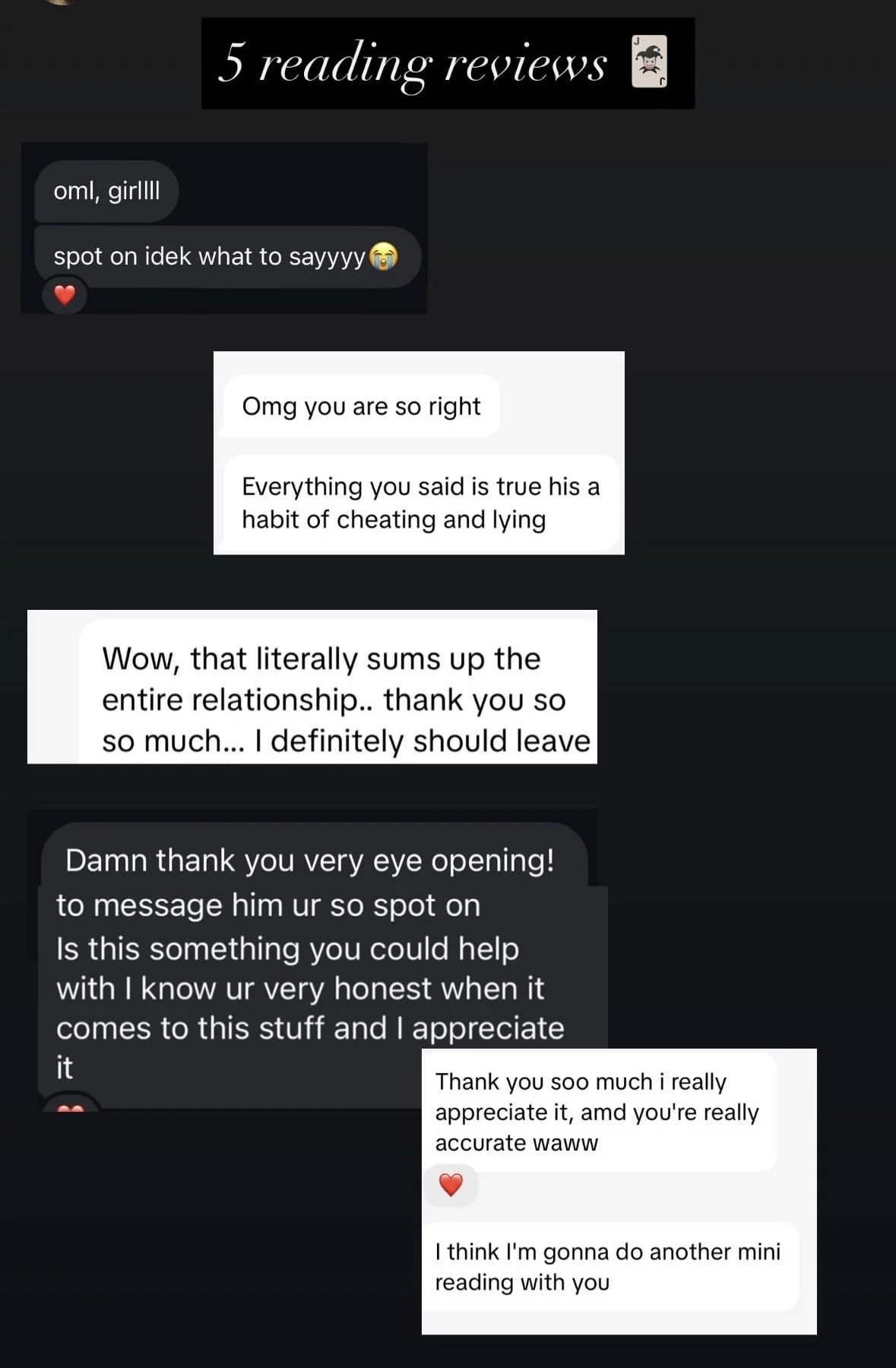 Screenshot of a chat conversation with the title '5 reading reviews' at the top, showing positive feedback between two people discussing a message and a mini reading session.