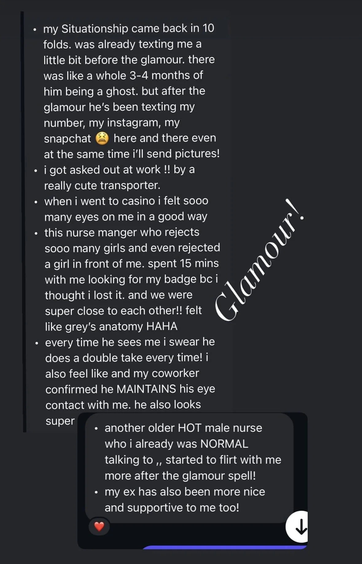 A screenshot of a social media post or message written in white text on a dark background. The text shares personal experiences, including texting, work, a casino visit, and interactions with nurses and coworkers, with some emojis and casual language