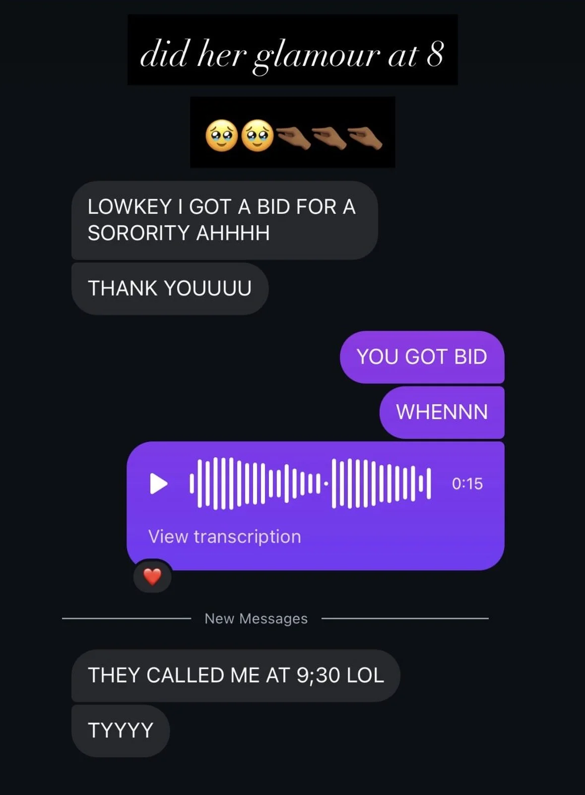 A screenshot of a text conversation about someone doing their makeup at 8, celebrating receiving a bid for a sorority, with speech bubbles, emojis, and a voice message. The background is dark, with white and purple text.