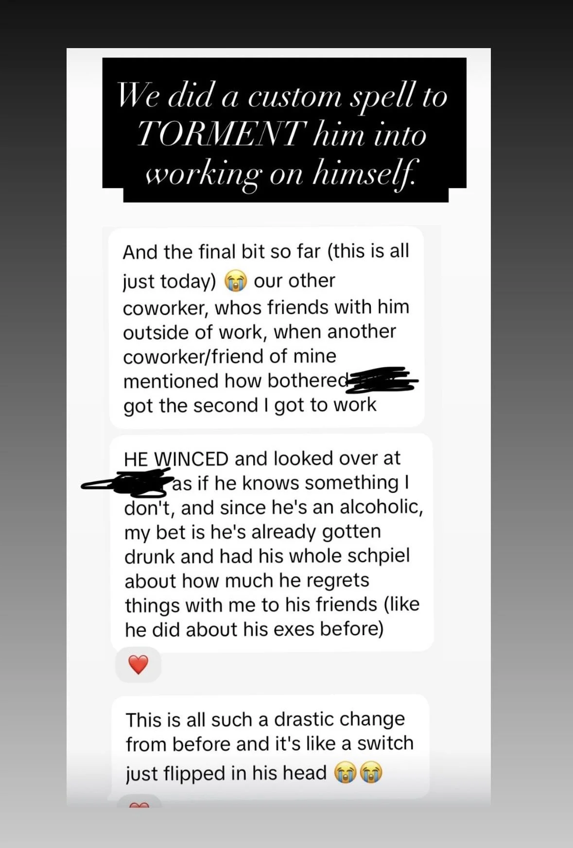 A screenshot of a social media post featuring a quote about a humorous incident at work. The quote claims they performed a "custom spell to torment him into working on himself," with the rest of the message describing a coworker's drunken behavior an