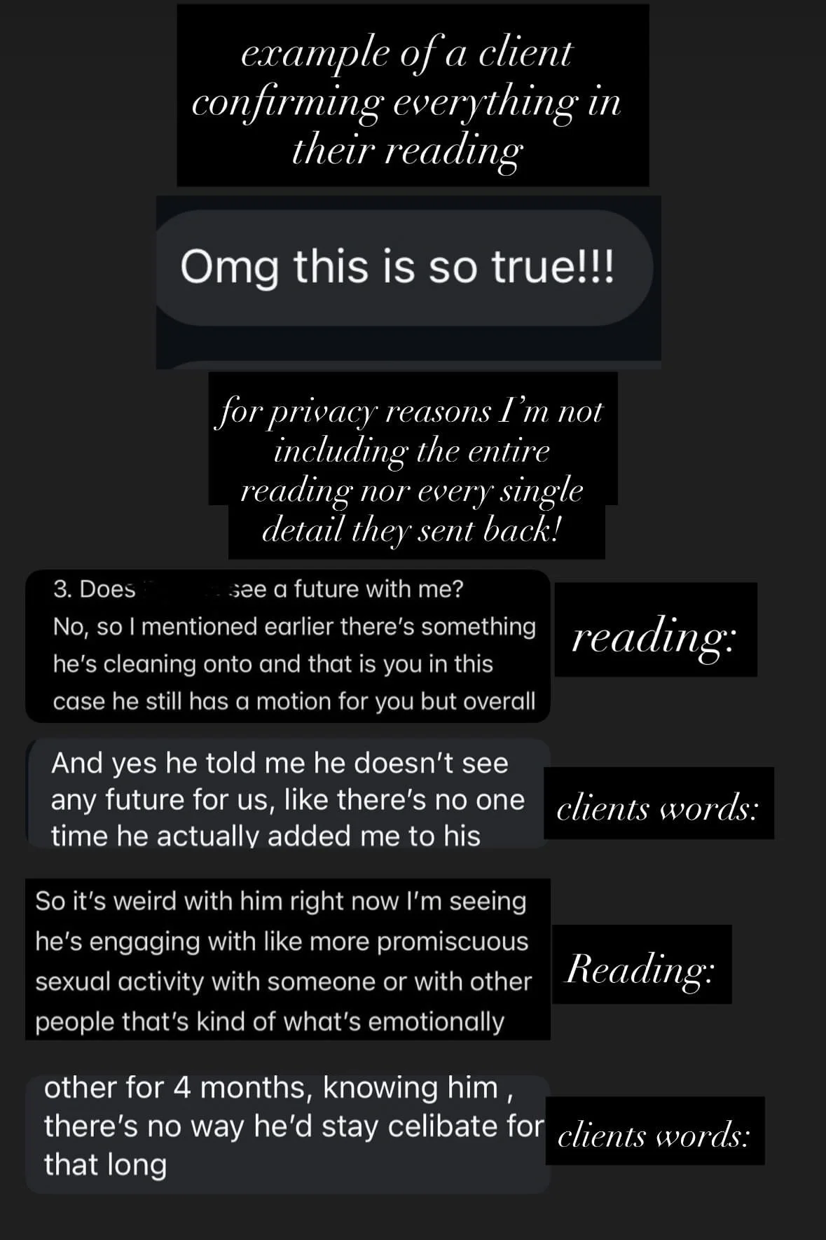 Screenshot of a conversation about a client confirming reading the message, with highlighted sections labeling 'reading:', 'clients words:', and 'Reading:' for context.