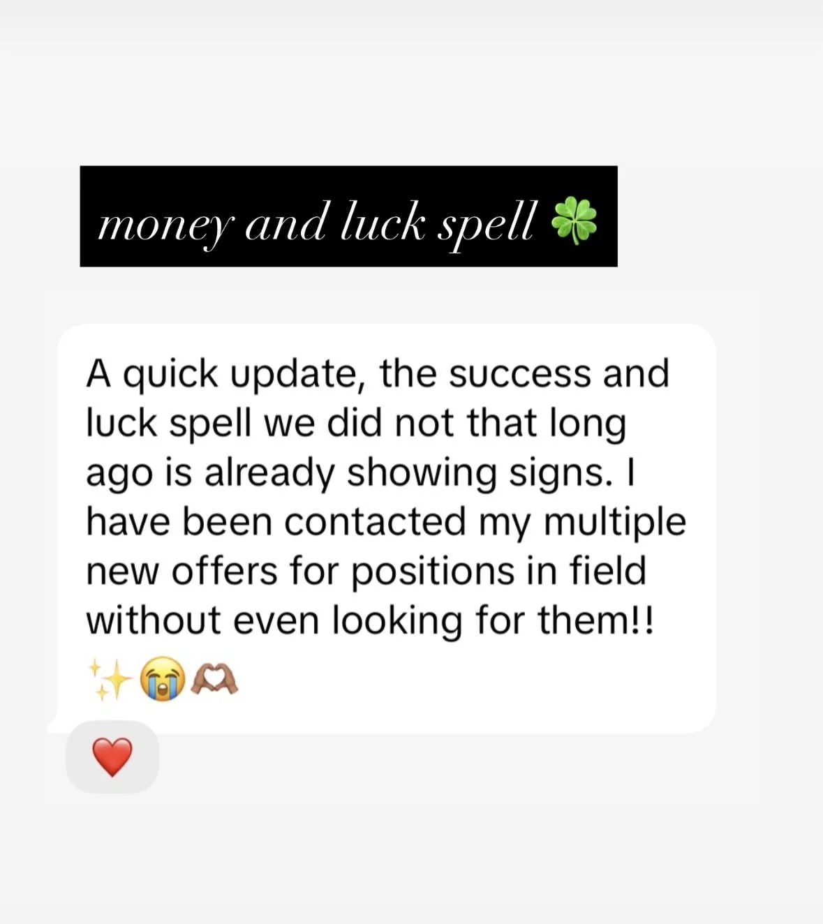 Text graphic with a black banner that says 'money and luck spell' with a green four-leaf clover icon. Below, a message about a successful luck spell, surrounded by some emojis including a sparkles, crying face, hands, and a red heart.