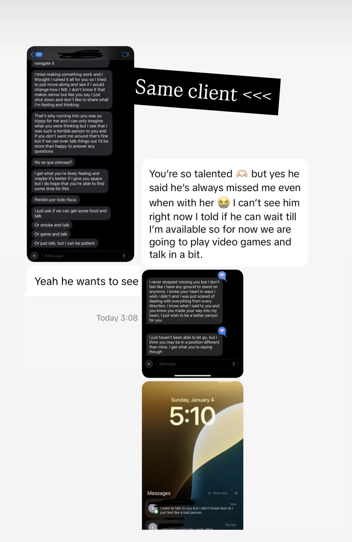 A collage of screenshots of text message conversations, a lock screen showing the time 5:10, and a note with the heading 'Same client 