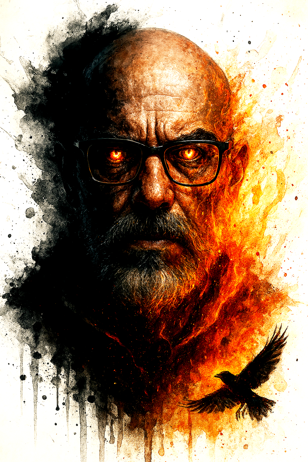 A illustrated portrait of a man with glasses, a beard, and a serious expression, blending with fiery and black ink splashes, with a raven flying in front of his chest.