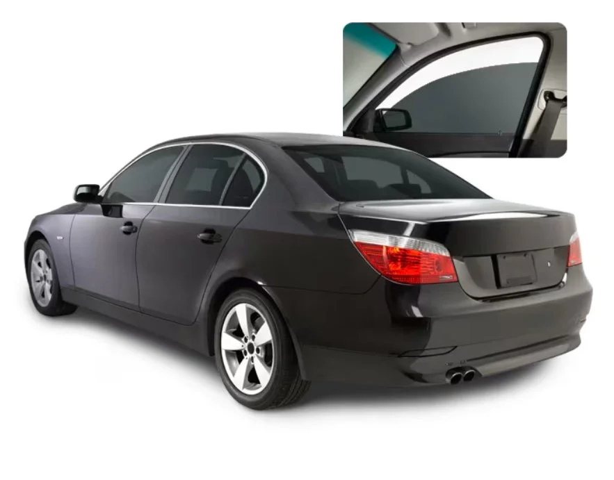 Black sedan car with a close-up inset of the side window shade.