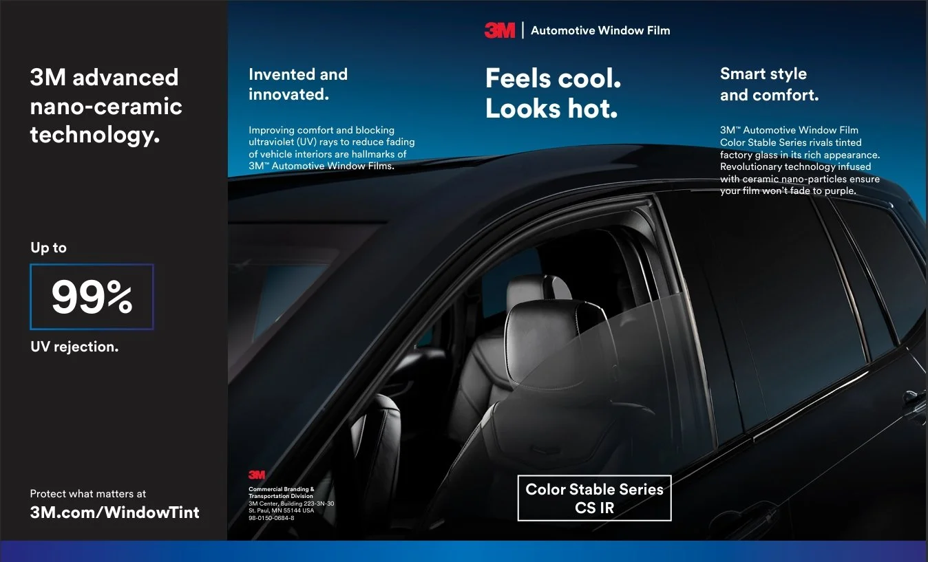 3M™ Automotive Window Film  Color Stable Series rivals tinted  factory glass in its rich appearance.  Revolutionary technology infused  with ceramic nano-particles ensure  your film won’t fade to purple.