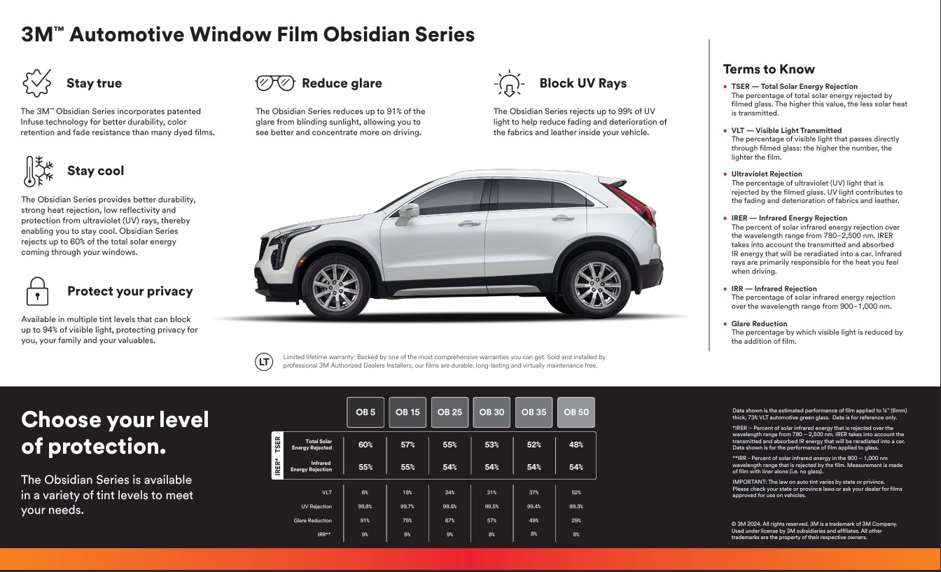 Ride in style without sacrificing comfort. 3M™ Automotive Window Film Obsidian Series uses patented technology for better structural performance against the sun versus many dyed films, all while rejecting up to 99% of UV light.