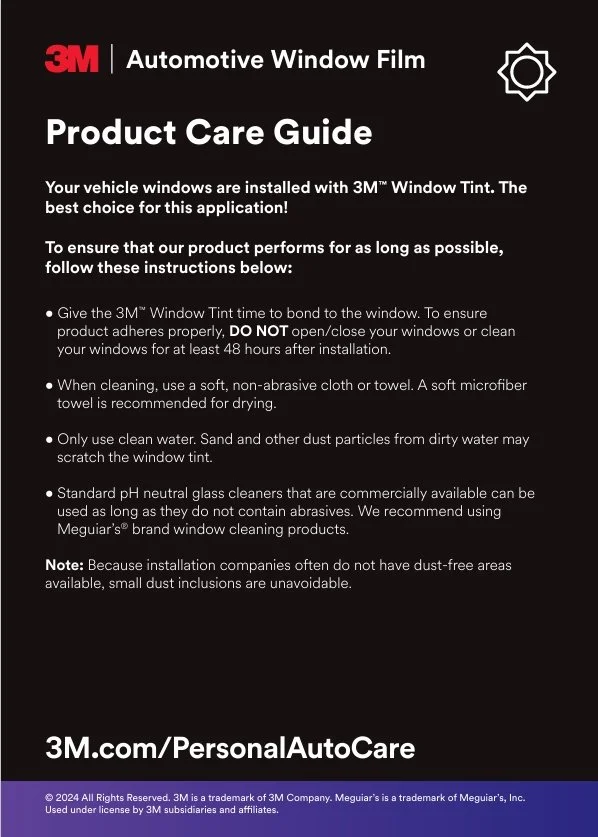Product care guide for 3M automotive window film, describing application instructions, cleaning tips, and recommendations for maintaining the window tint.