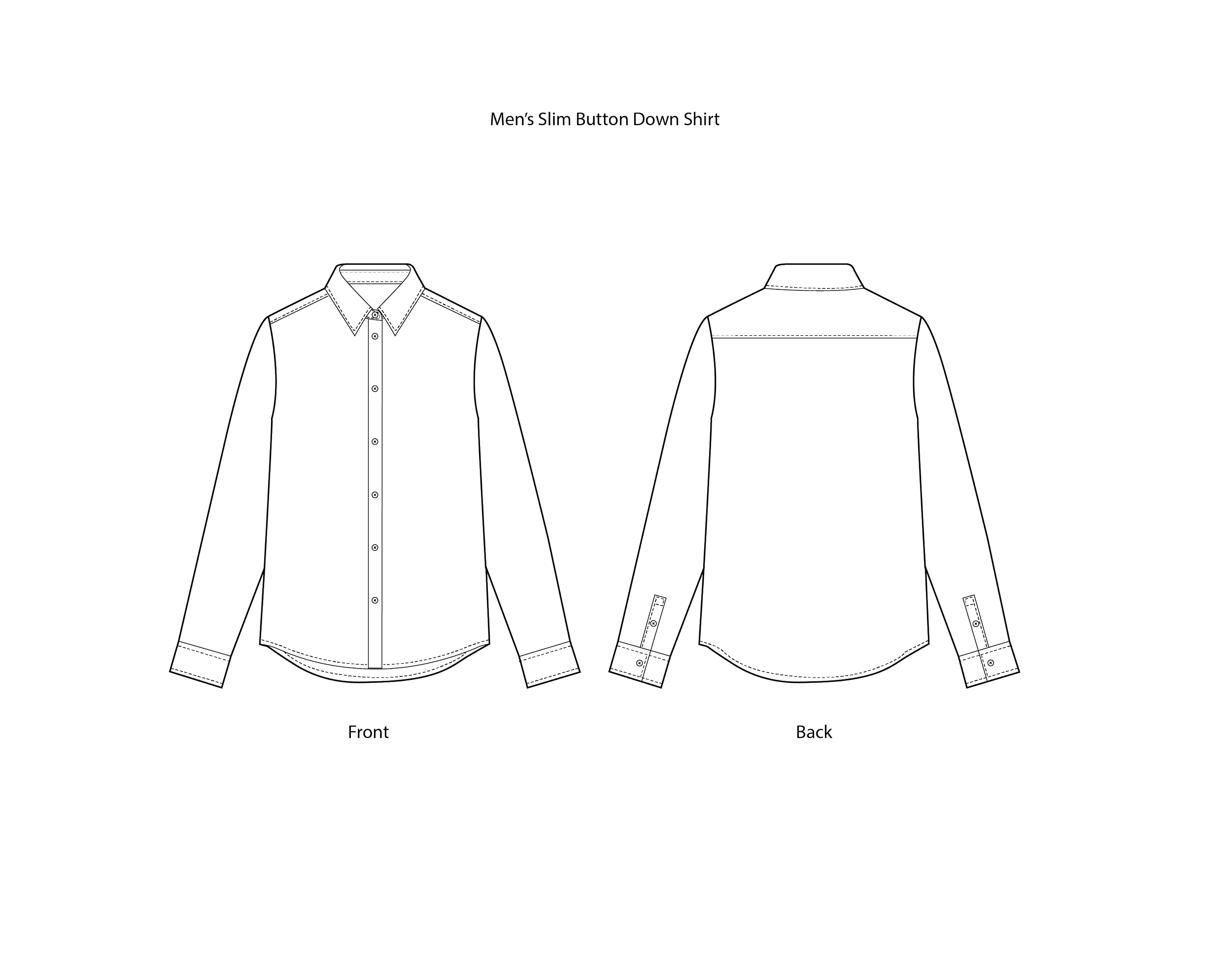 Design blueprint of a men's slim button-down shirt, showing front and back views with details like collar, buttons, and sleeve cuffs.