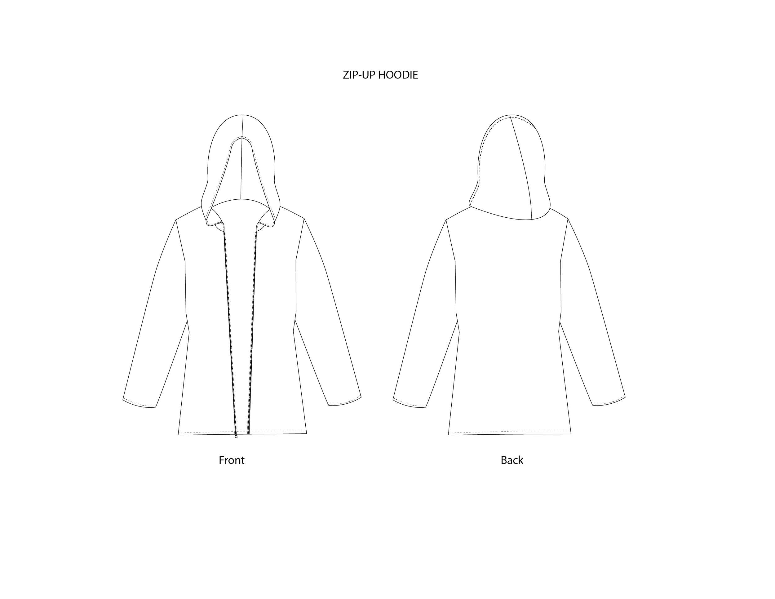 Technical drawing of a zip-up hoodie, showing front and back views with design details.