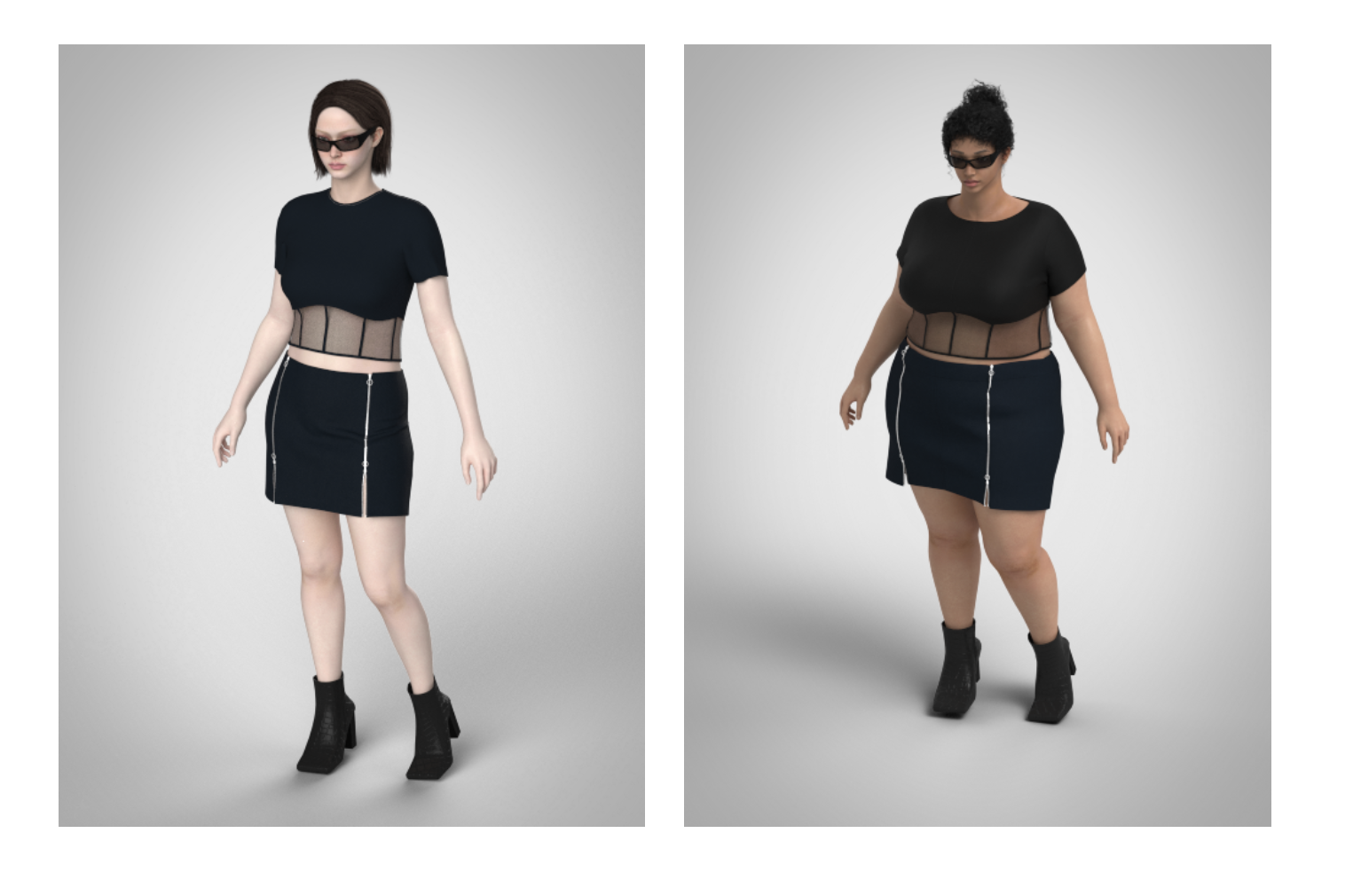 Two women stand against a light grey background, each wearing black sunglasses, black crop tops with see-through panels, black skirts with front zippers, and black high-heeled boots.