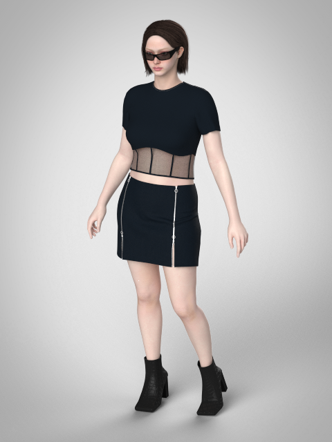 A woman wearing black sunglasses, a black crop top with sheer striped midsection, a matching black mini skirt with zippers, and black ankle boots.