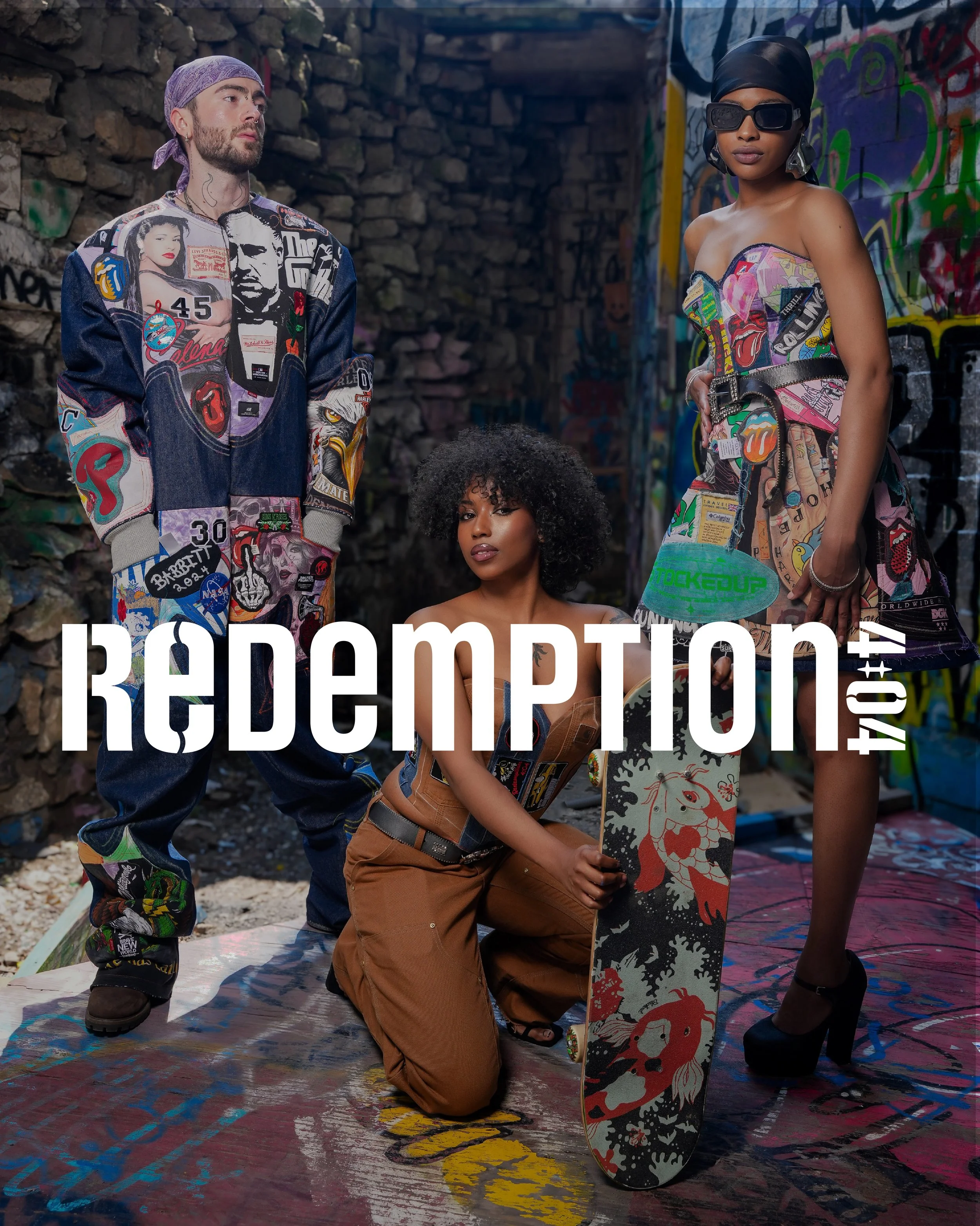 Three diverse models in colorful, graffiti-covered urban setting, with one seated and holding a skateboard, all wearing vibrant streetwear.