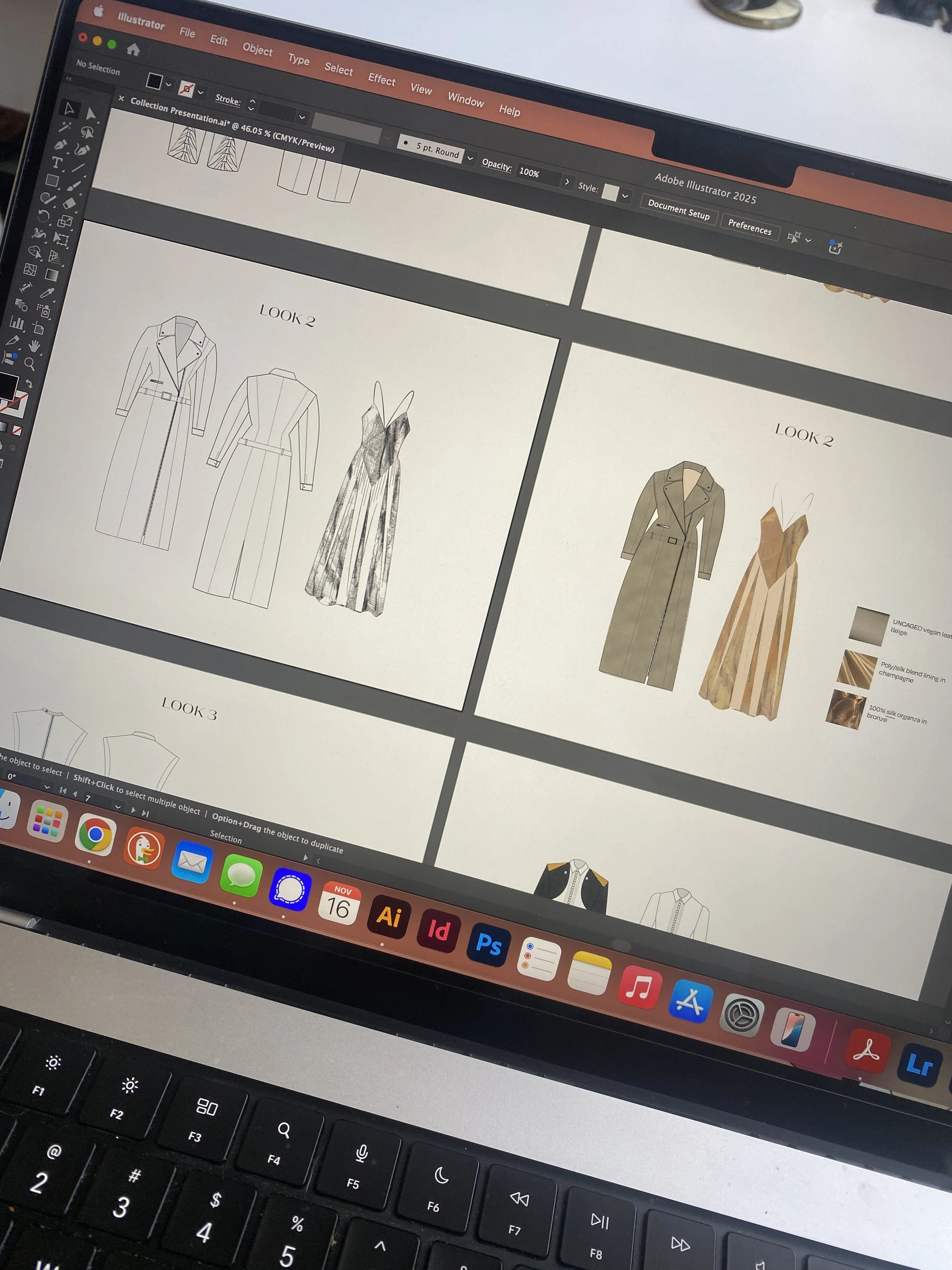 A computer screen displaying a fashion design software with sketches of clothing items, including a coat and a dress, and color options.