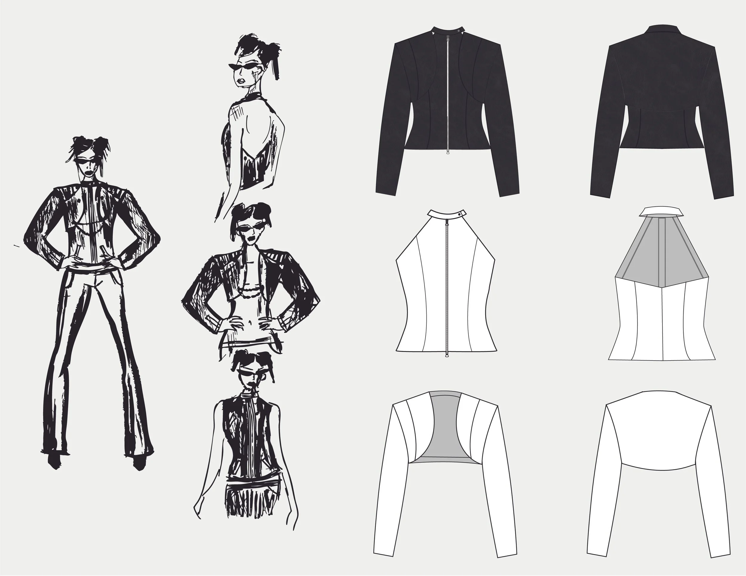 Fashion sketches and technical drawings of a stylish woman's black jacket, with front and back views, along with sketches of a sleeveless top and a vest.