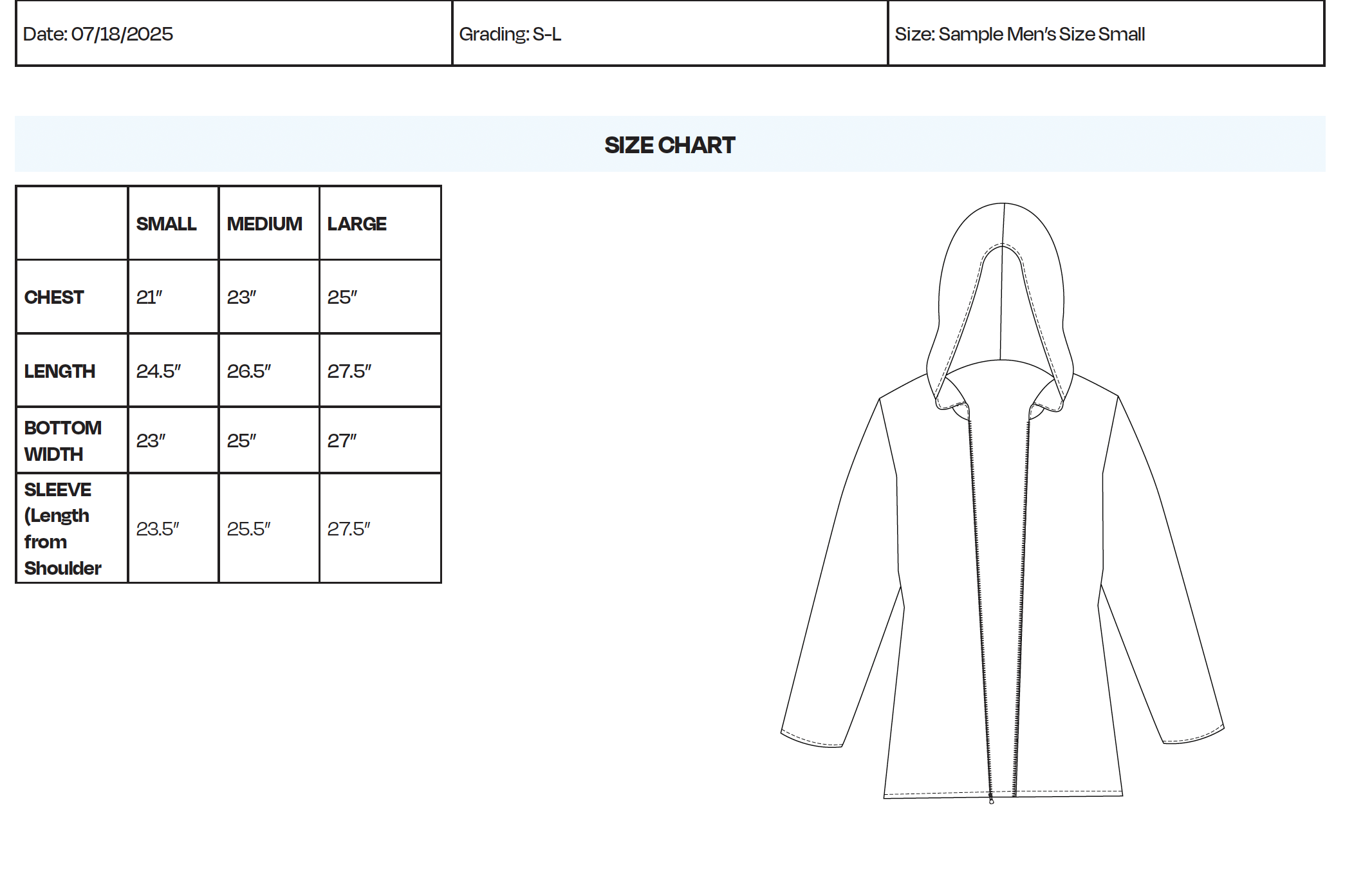 Size chart for a men's jacket, including measurements for small, medium, and large sizes, with a line drawing of a hooded jacket.