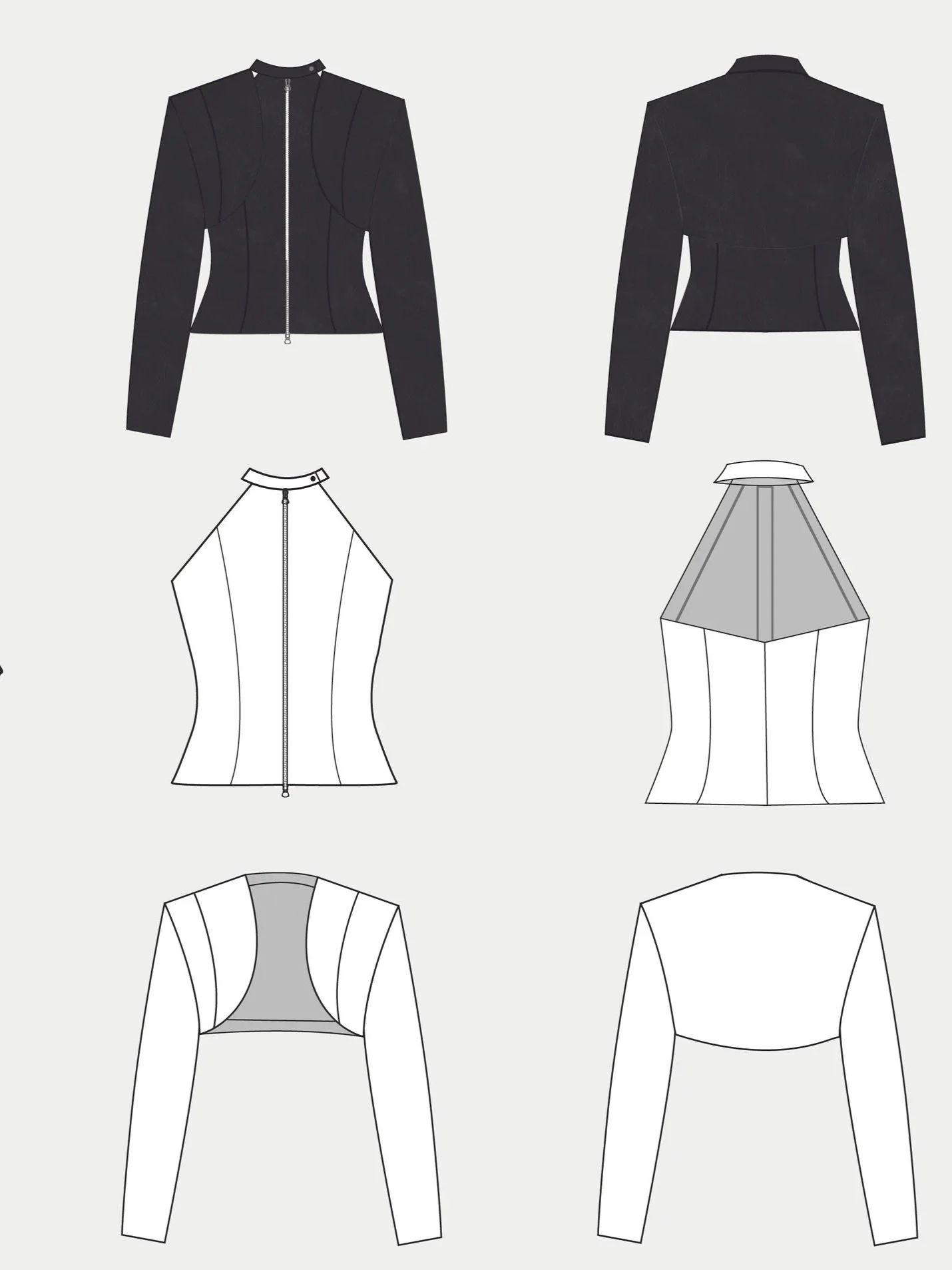 Fashion design sketches of various tops and jackets, displaying front and back views in black and white outlines and colored illustrations.